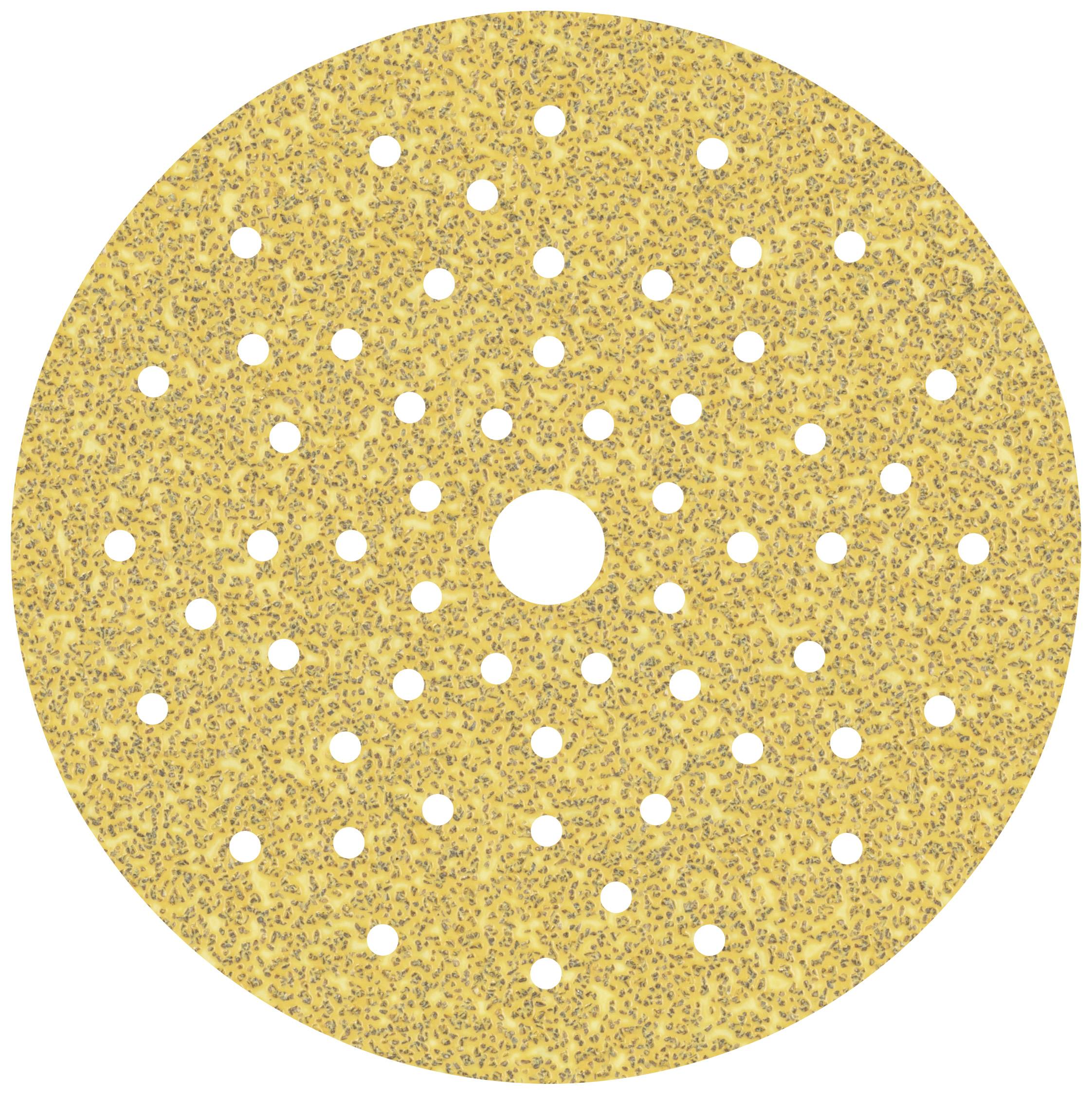 Disque de ponçage rond avec de nombreux petits trous répartis uniformément, un trou central, de couleur sable avec un grain grossier.