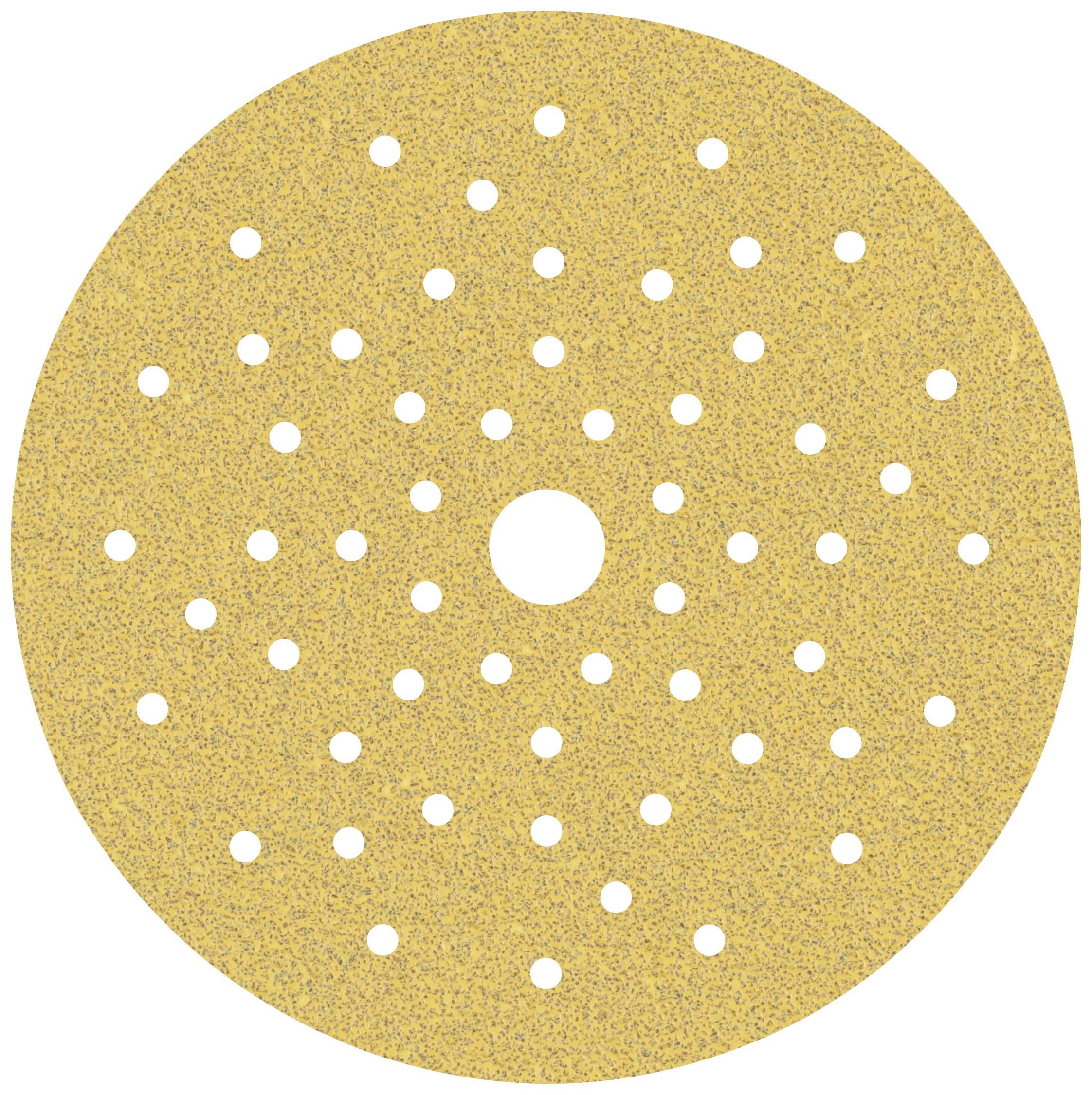 Disque de papier de verre de couleur jaune avec de nombreux trous répartis uniformément.