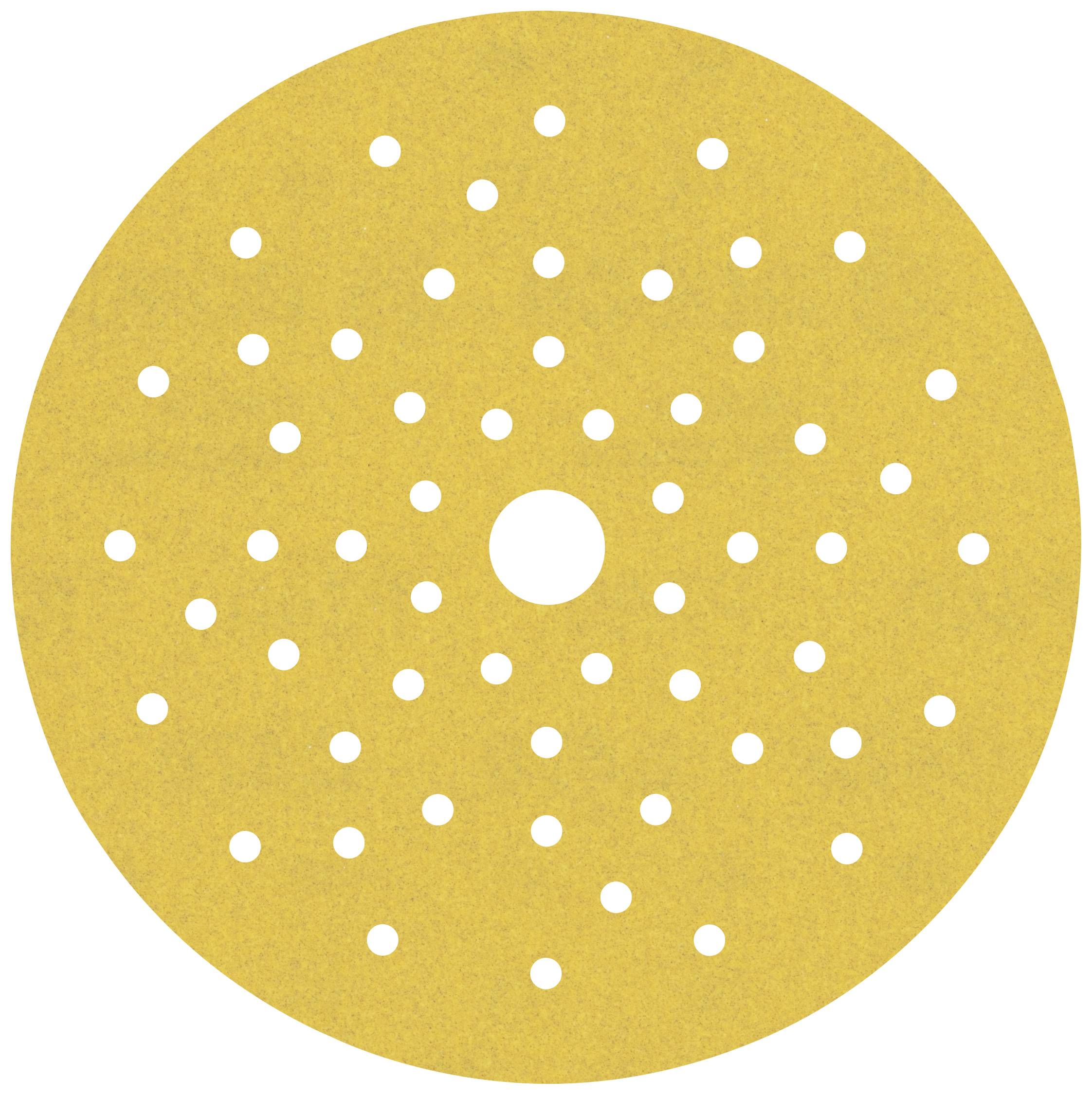 Papier de verre rond avec de nombreux petits trous pour un ponçage efficace. Teinte jaune. Adapté aux travaux sur bois et métaux.