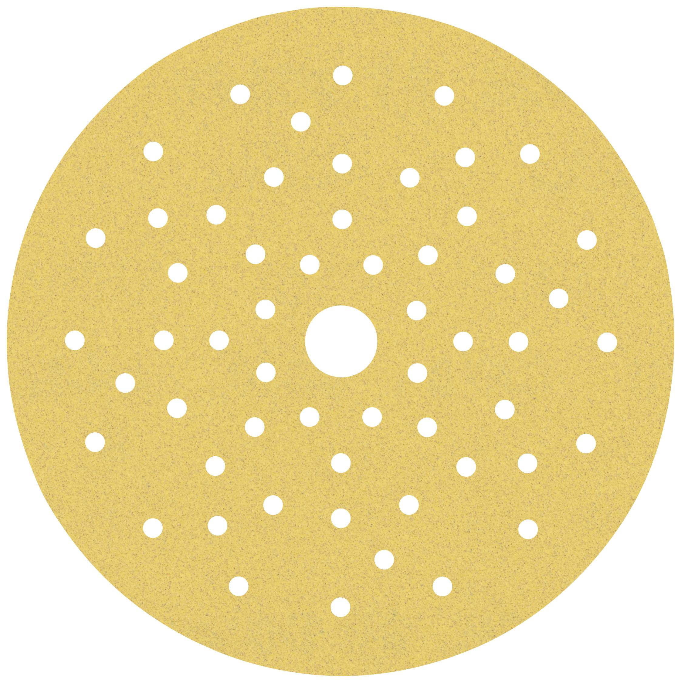 Disque de meulage avec un trou central, de nombreux trous répartis uniformément pour l'aspiration des poussières, granulation jaune pour les travaux de ponçage.