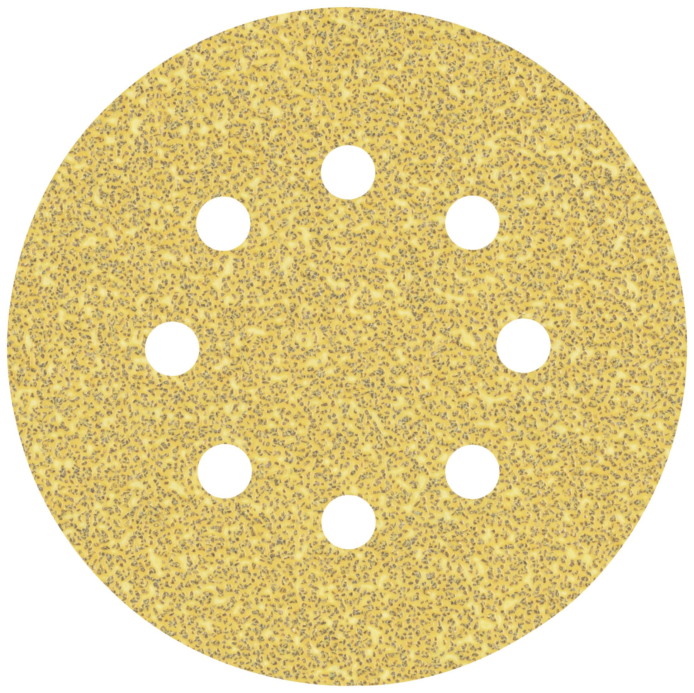 Un disque abrasif rond avec sept trous, utilisé pour les travaux de meulage. La surface est recouverte d'un matériau abrasif.