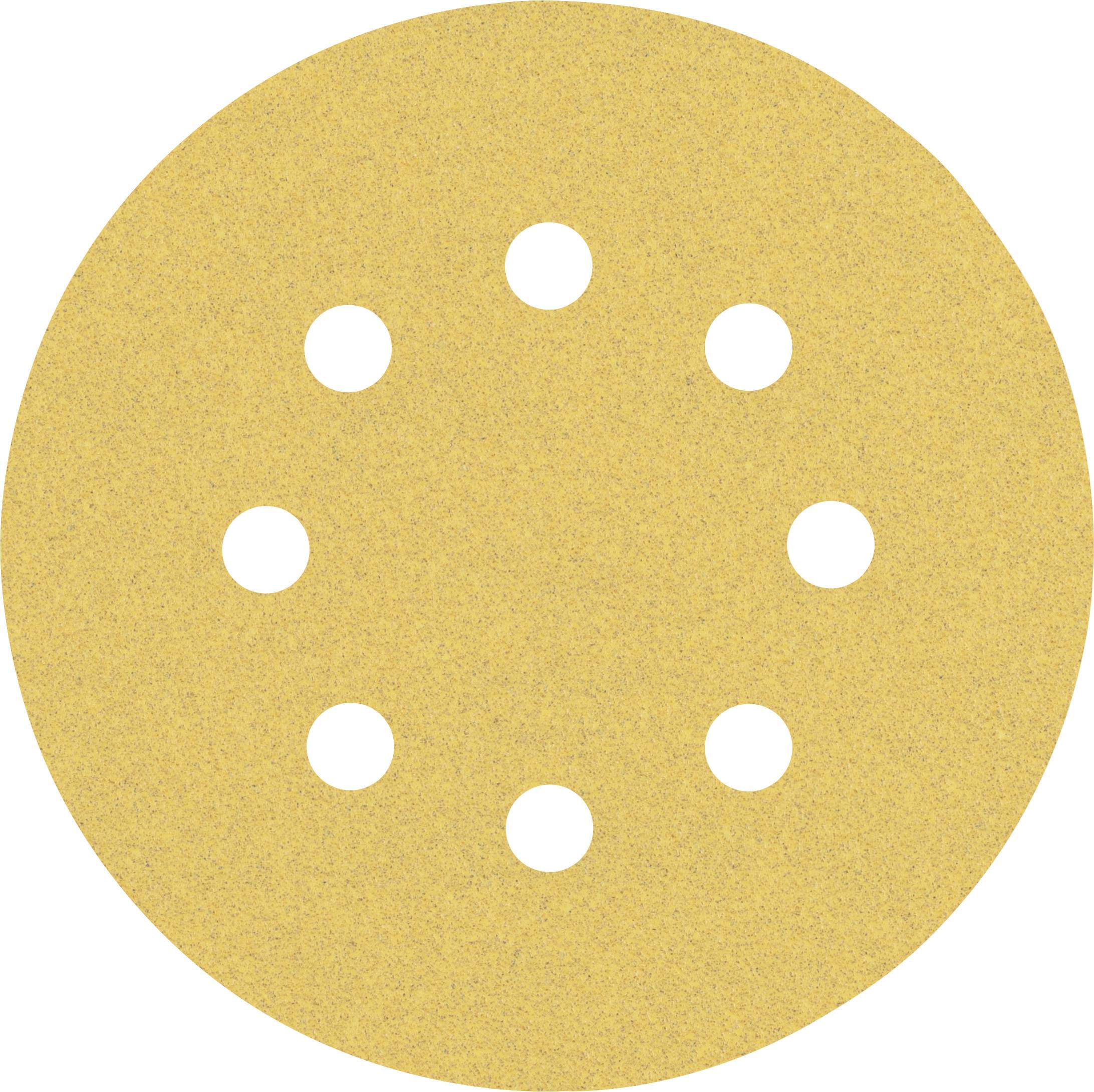 Disque de ponçage rond, jaune, avec neuf trous, utilisé pour les ponceuses manuelles ou électriques pour le traitement des surfaces.