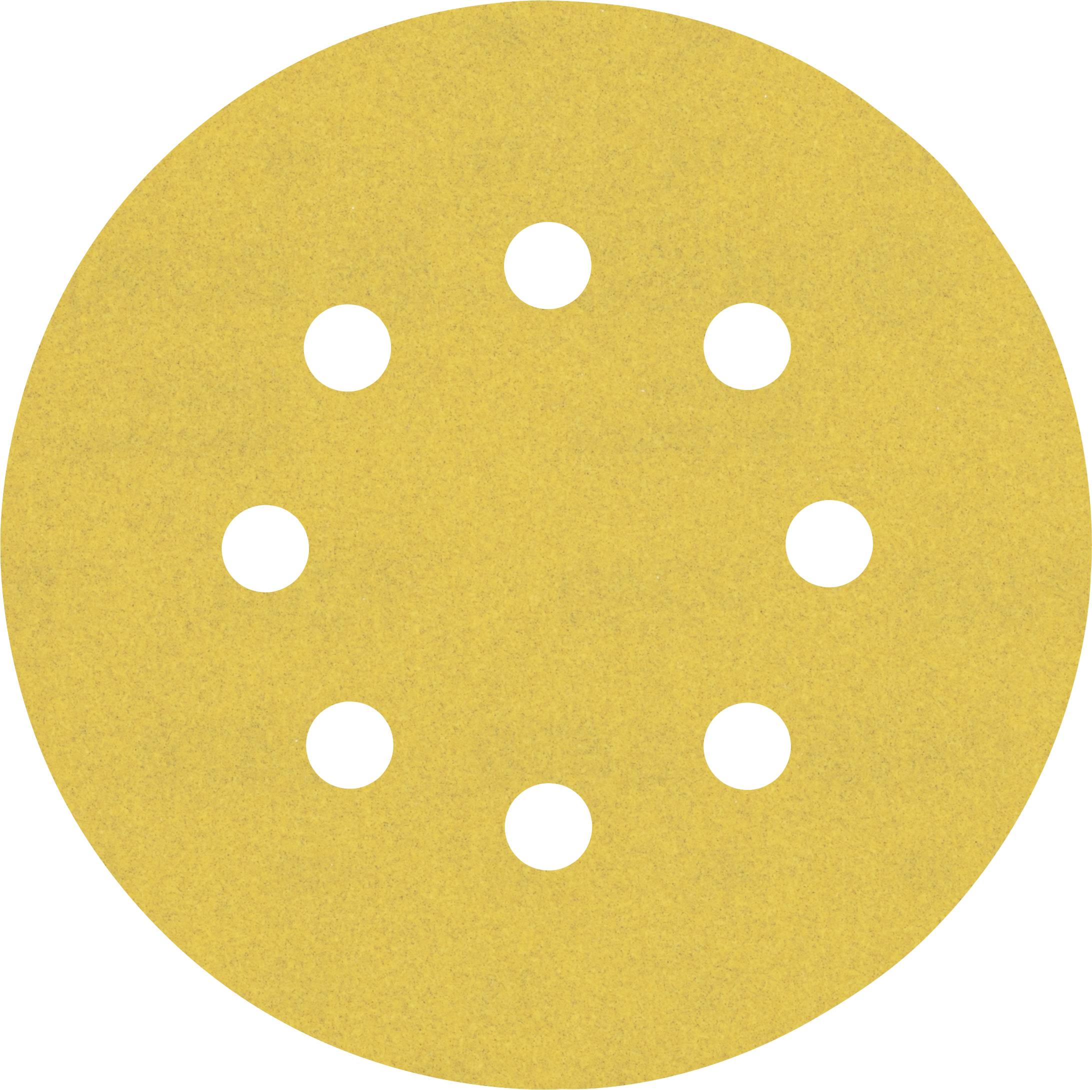 Un disque abrasif rond et jaune avec huit trous, utilisé pour les travaux de ponçage et la finition de surfaces.