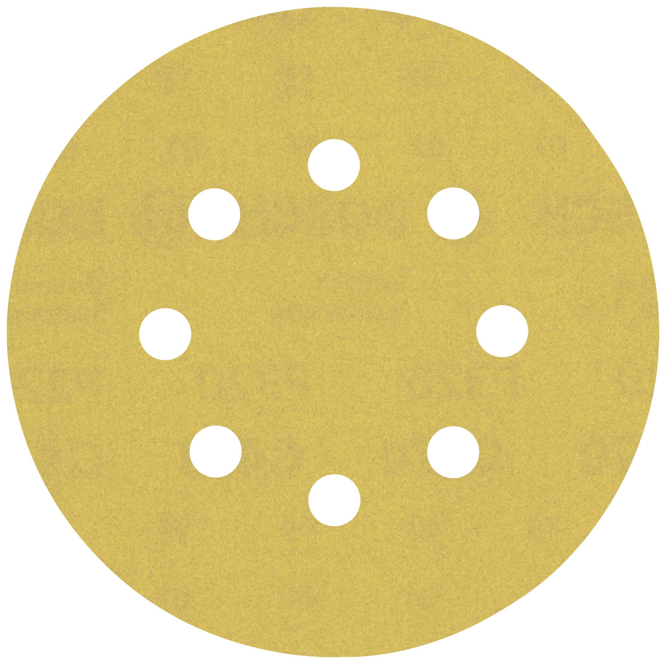 Un disque de papier abrasif rond de couleur jaune avec neuf trous répartis uniformément.
