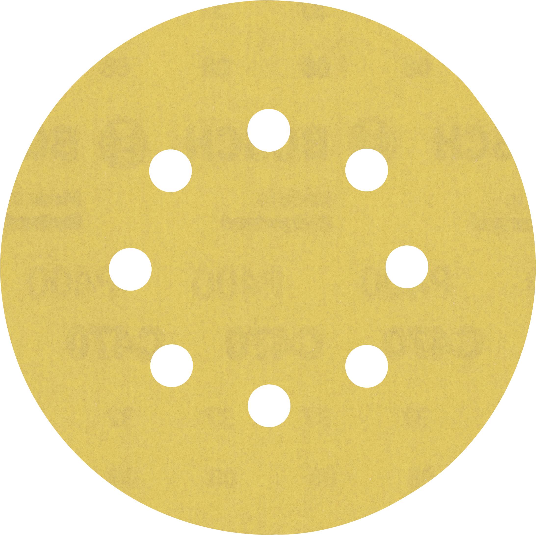 Un papier de verre rond, jaune, avec huit trous régulièrement répartis.