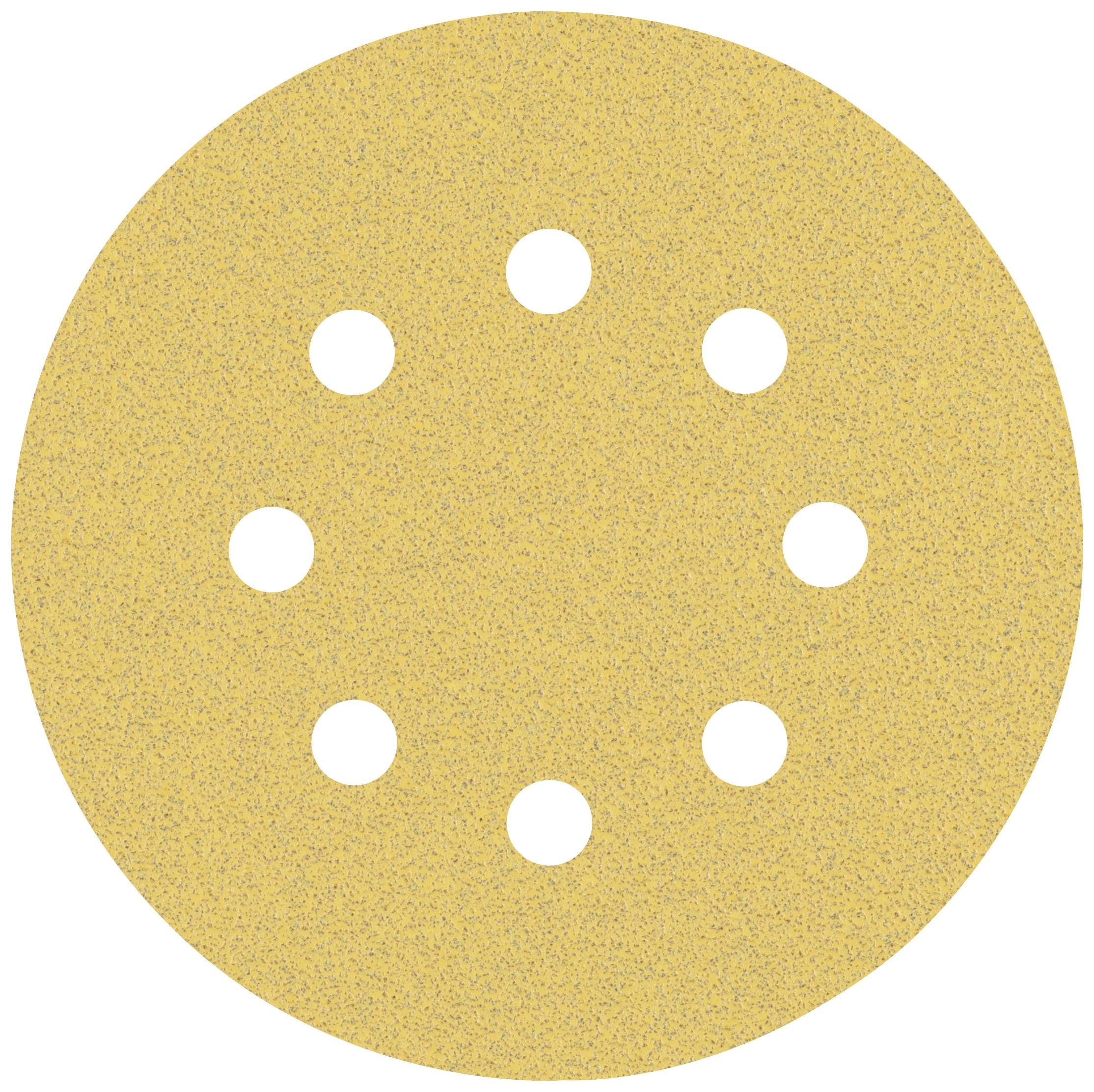 Feuille abrasive circulaire avec plusieurs trous pour la fixation sur un appareil de ponçage. Adaptée aux travaux de ponçage sur différentes surfaces.