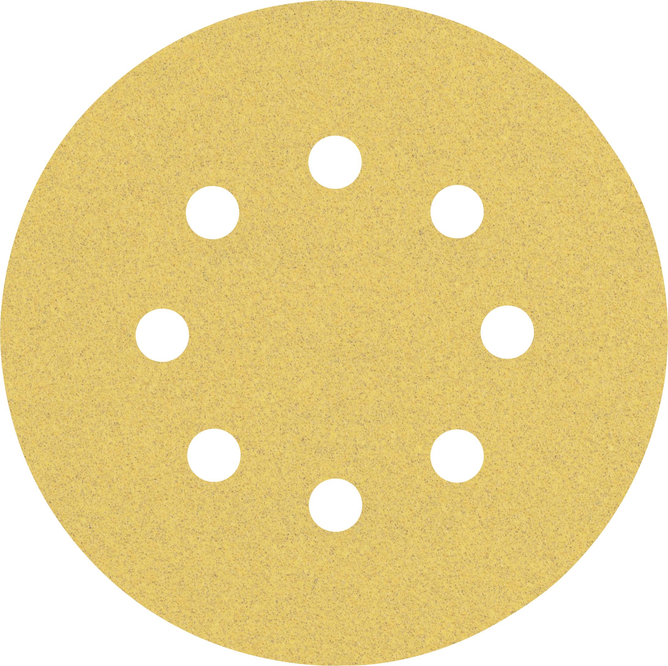 Un disque de papier de verre avec huit trous symétriquement disposés, utilisé pour le lissage des surfaces, sur un fond clair.