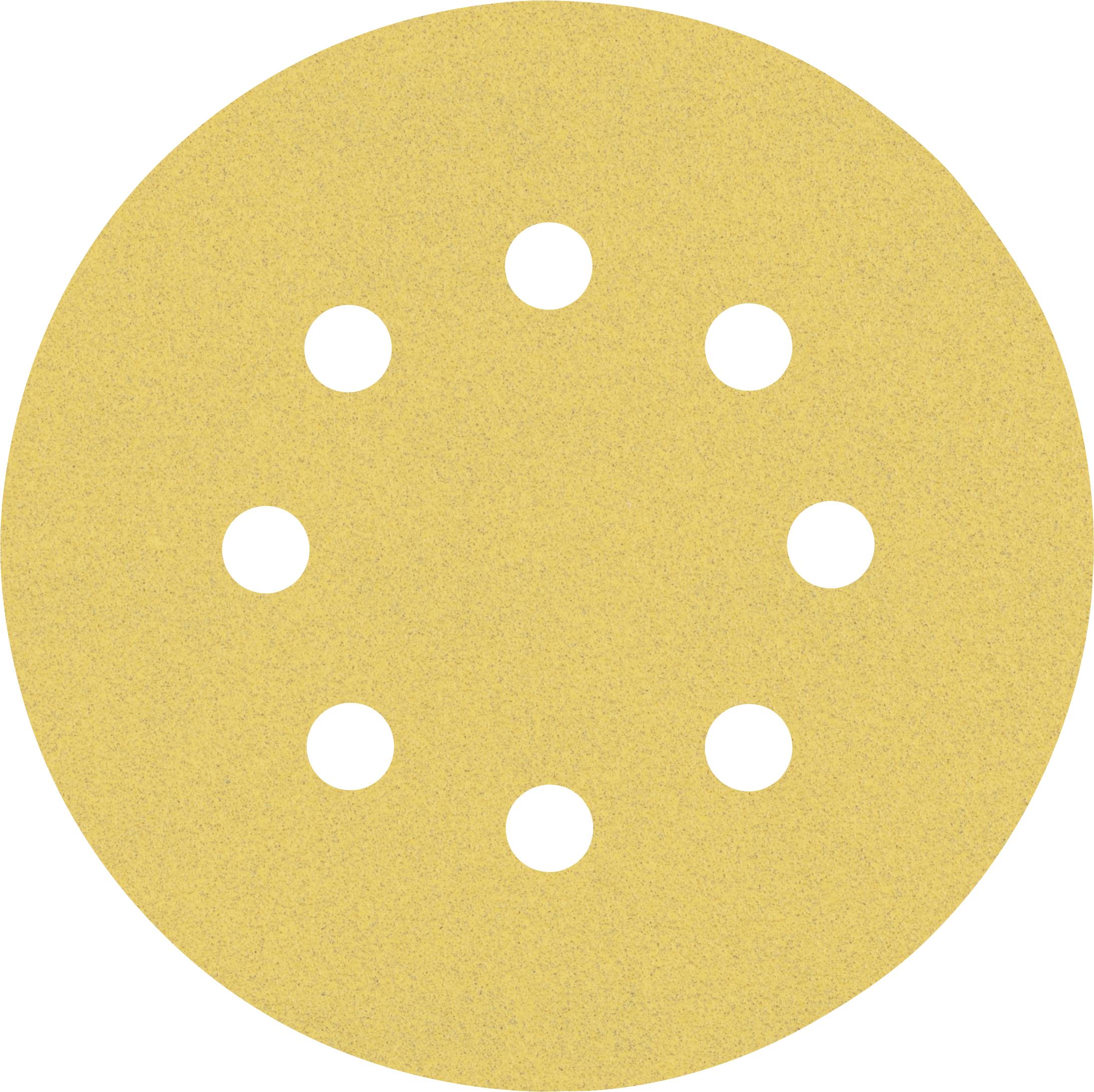 Disque de ponçage rond en papier de verre de couleur sable, doté de huit trous, utilisé pour le ponçage mécanique et la finition des surfaces.