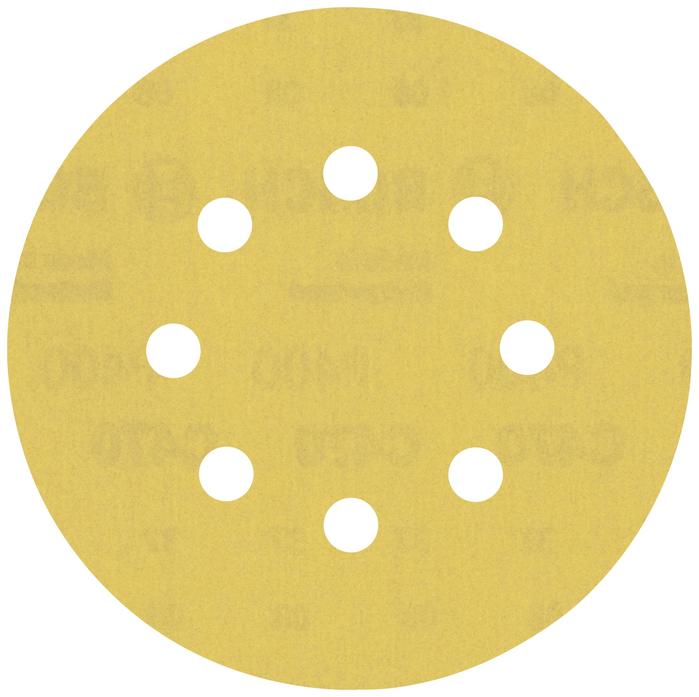 Disque de ponçage rond, jaune, avec huit trous symétriquement disposés, destiné à être utilisé avec des machines de ponçage.