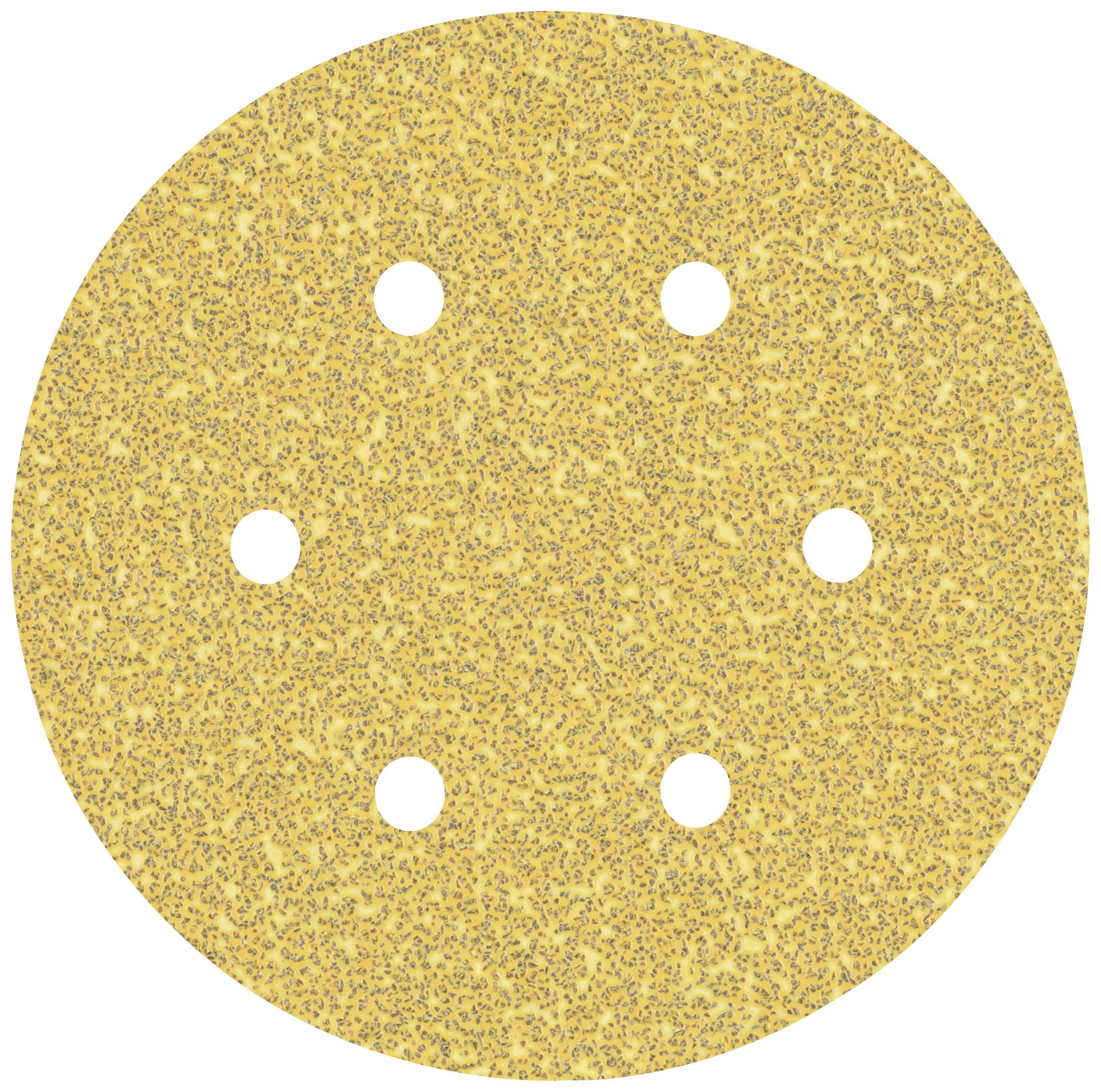 Un disque de ponçage rond, jaune, avec six trous répartis uniformément. Le disque de ponçage présente une surface granuleuse pour les travaux de ponçage.