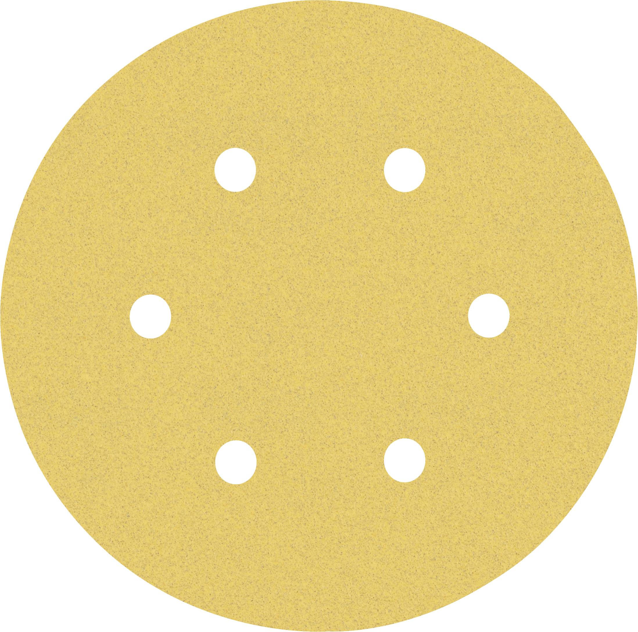 Disque abrasif jaune à six trous, conçu pour une ponceuse excentrique.