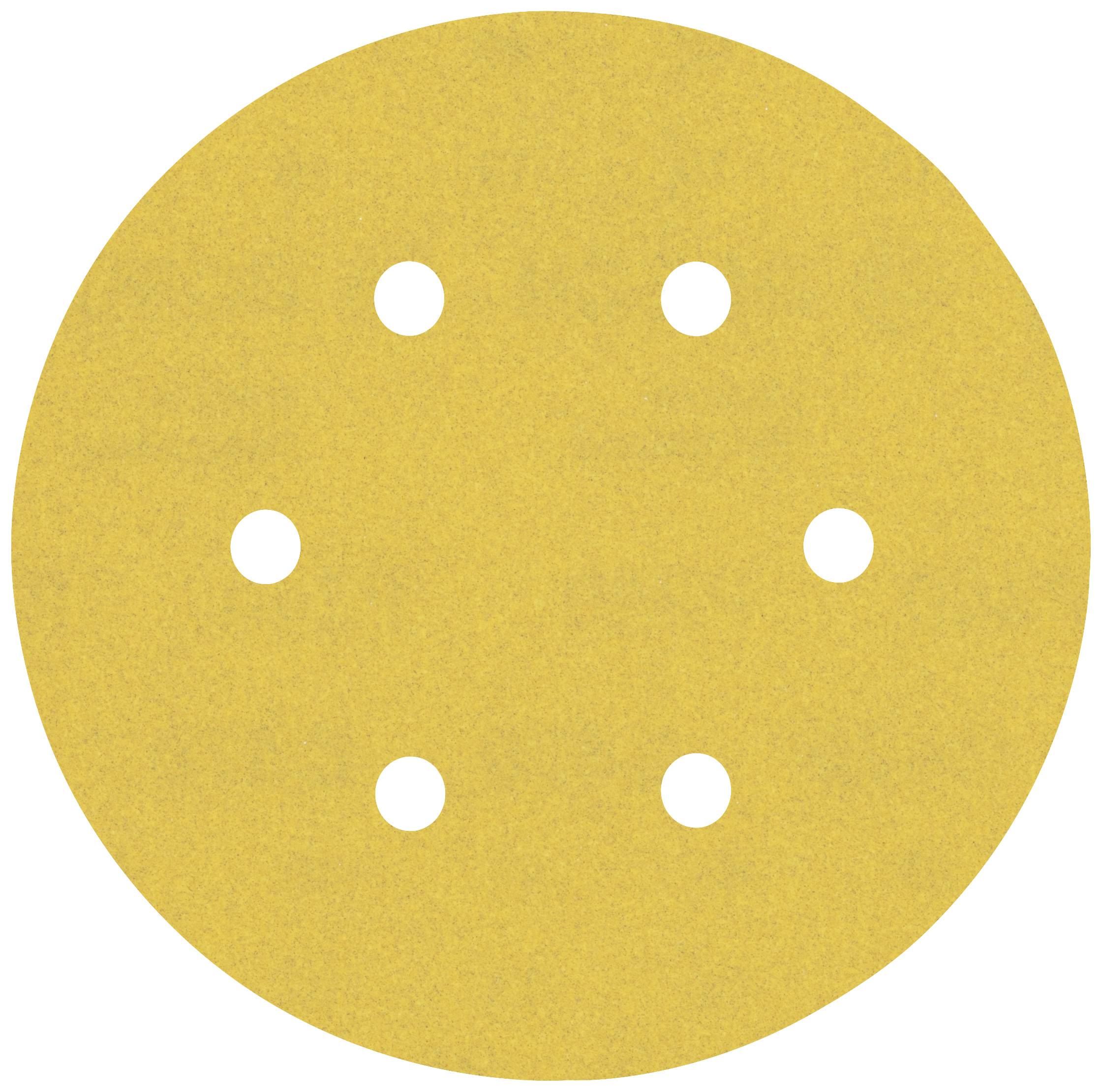 Disque de meulage rond jaune avec six trous répartis de manière uniforme. Adapté pour les meuleuses et le traitement de surfaces lisses.