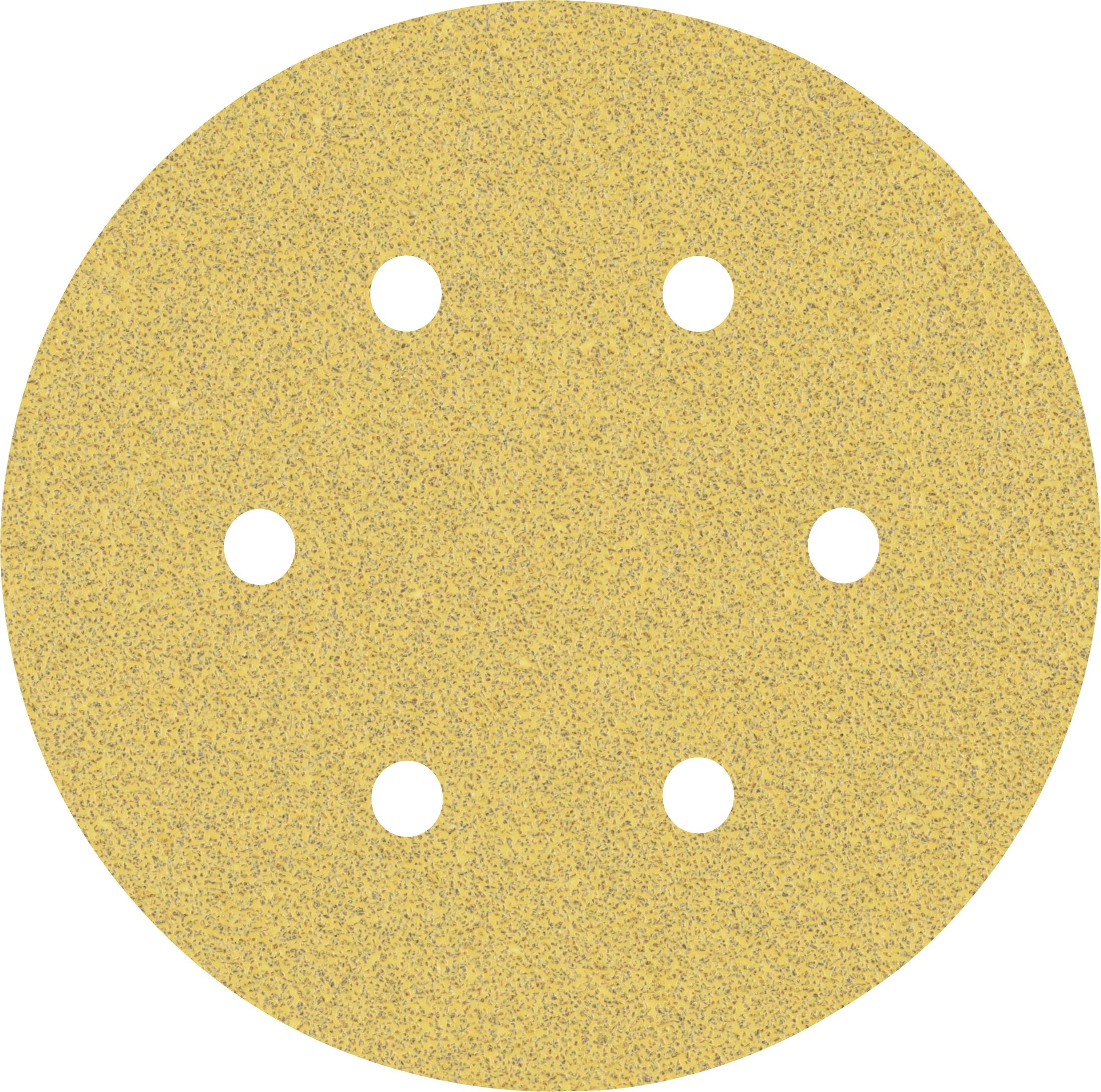 Un disque de papier abrasif rond et jaune avec six trous, conçu pour être utilisé sur une ponceuse excentrique.