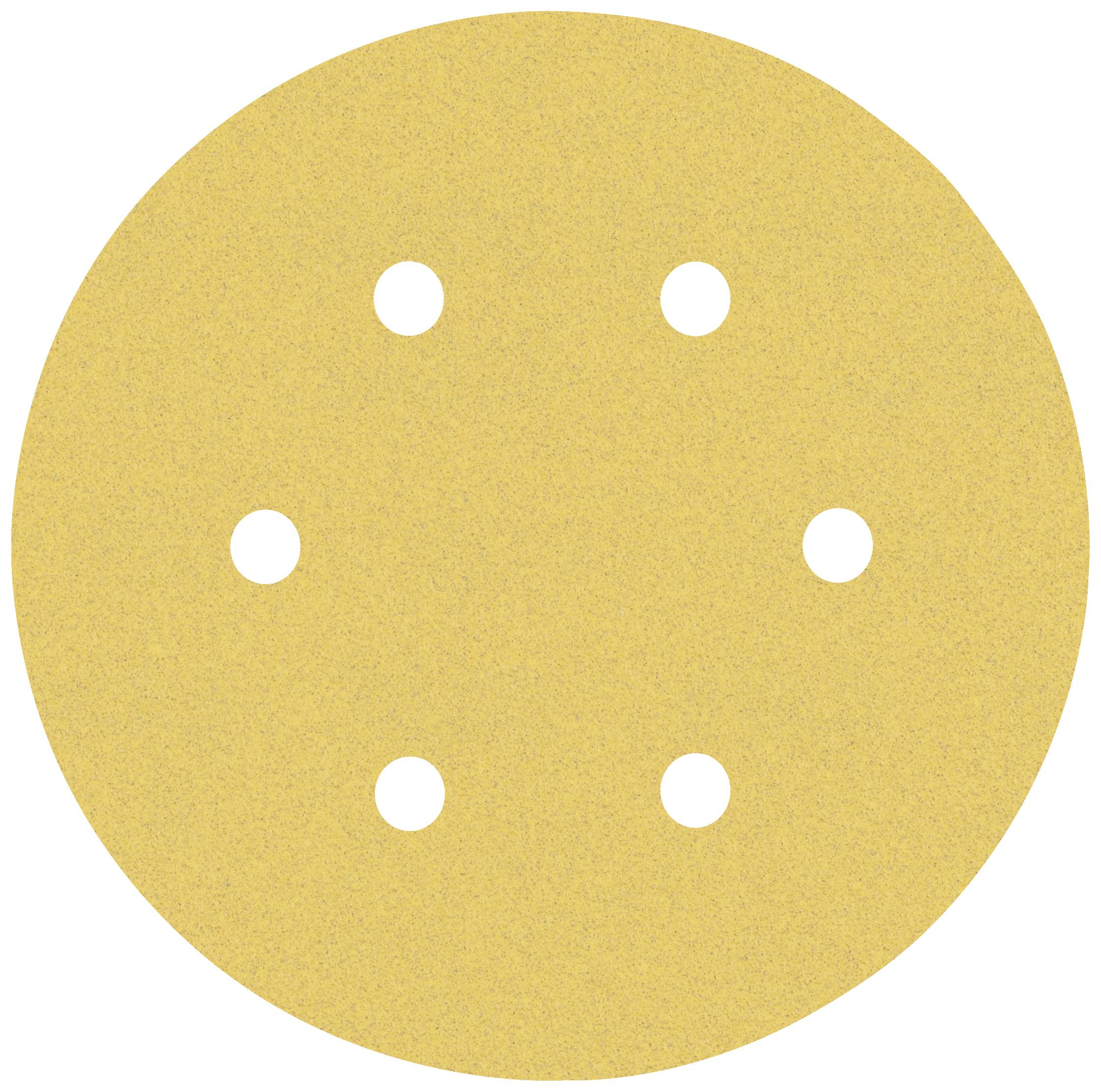 Un disque abrasif rond de couleur jaune avec six trous répartis symétriquement.