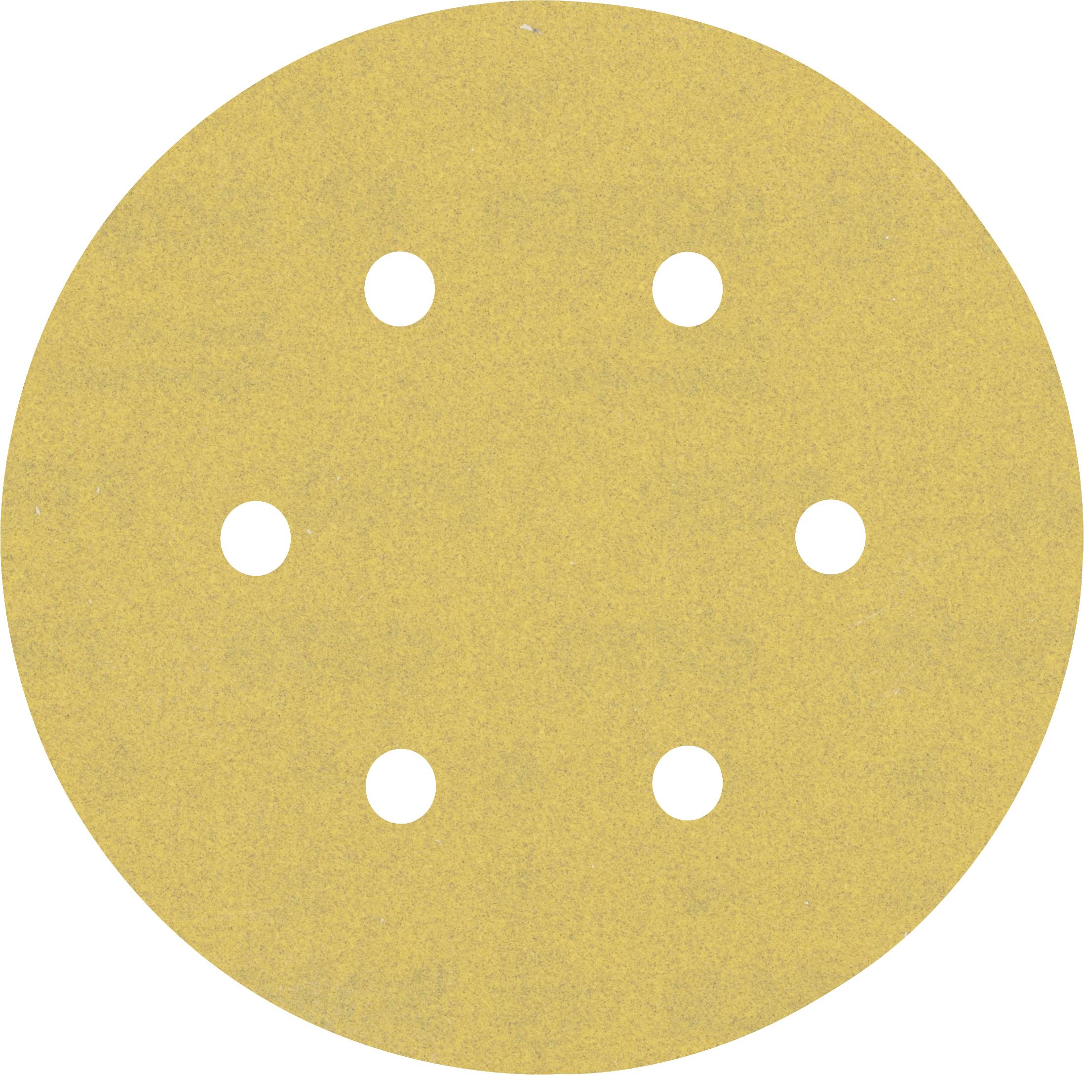 Un papier de verre rond, brun, avec six trous répartis uniformément.