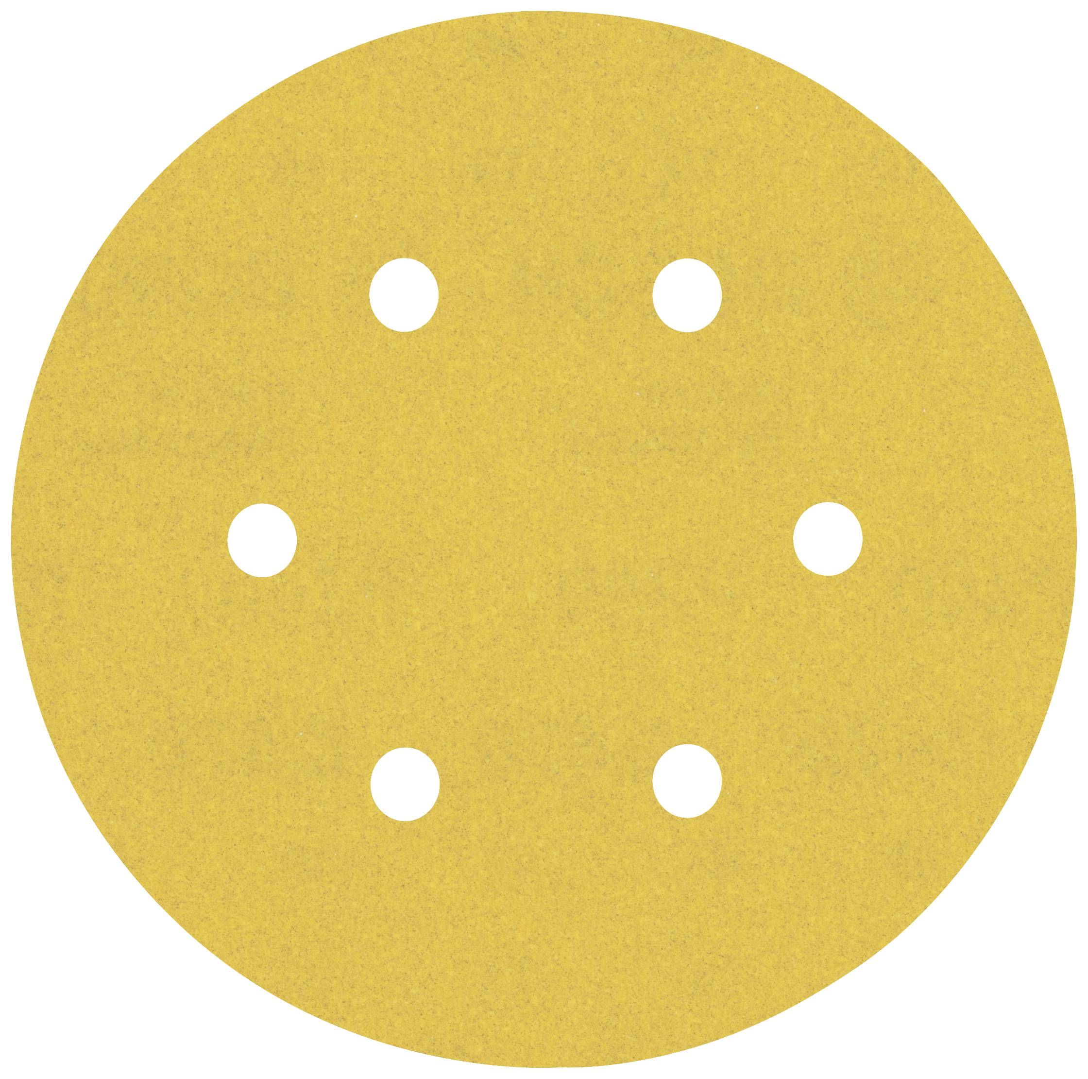 Un papier de verre rond de couleur jaune avec six trous régulièrement répartis.