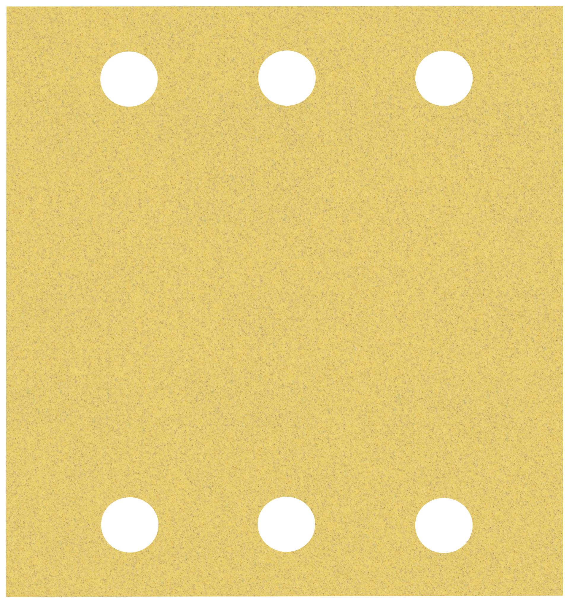 Papier de verre jaune avec six trous ronds, disposés uniformément en deux rangées.