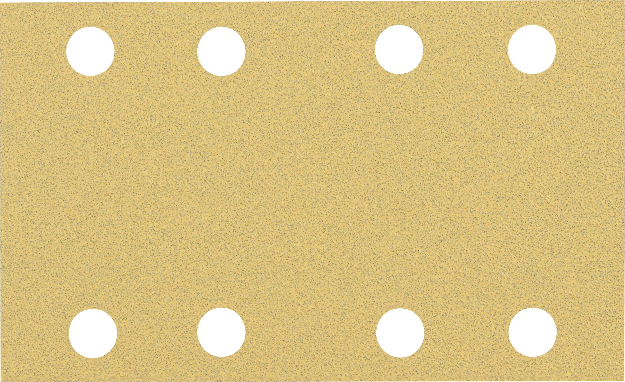 Papier abrasif beige avec des trous ronds blancs disposés en deux rangées. Le papier a une texture sableuse et est rectangulaire.