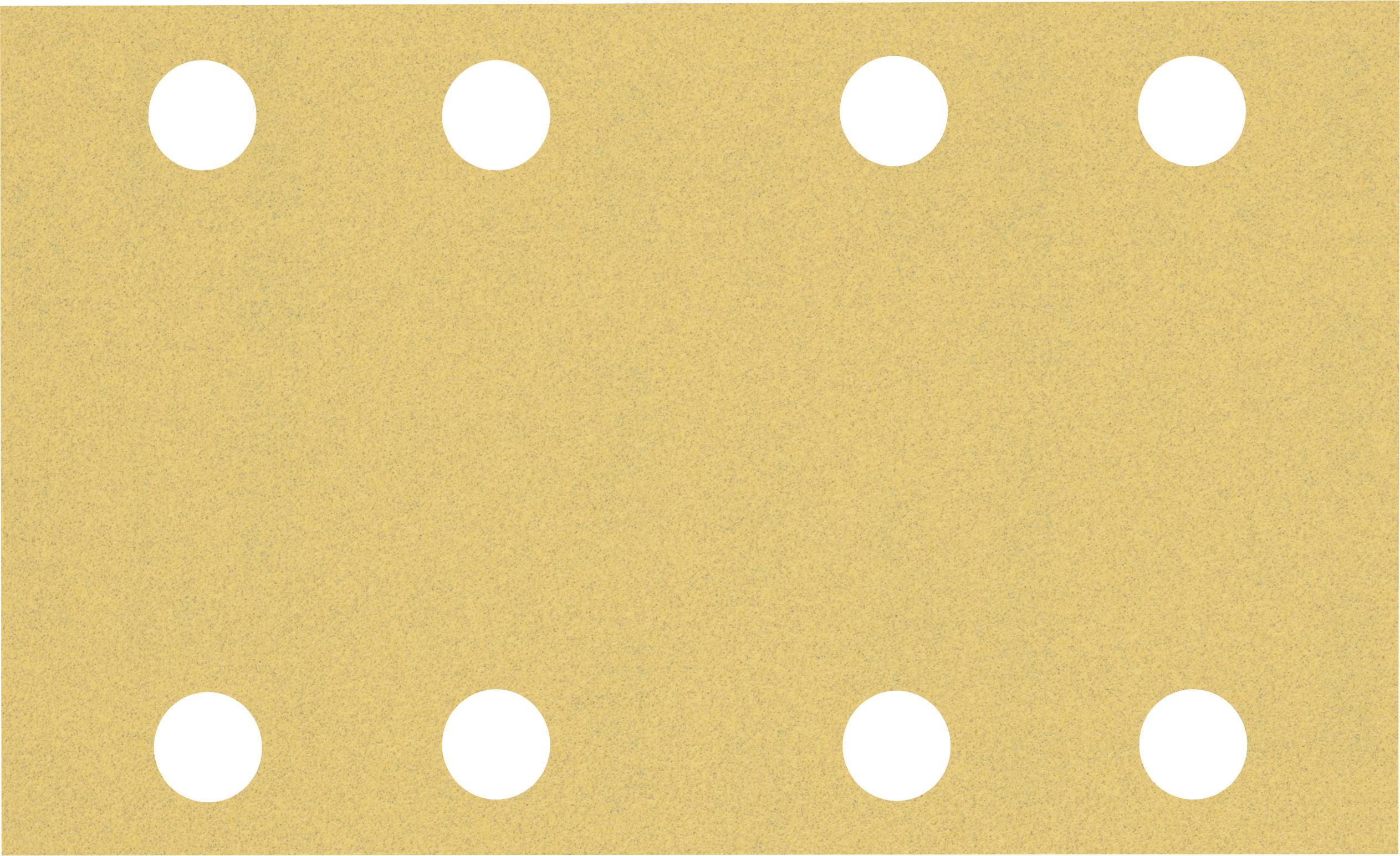 Un morceau rectangulaire de papier de verre avec huit trous répartis uniformément en deux rangées.