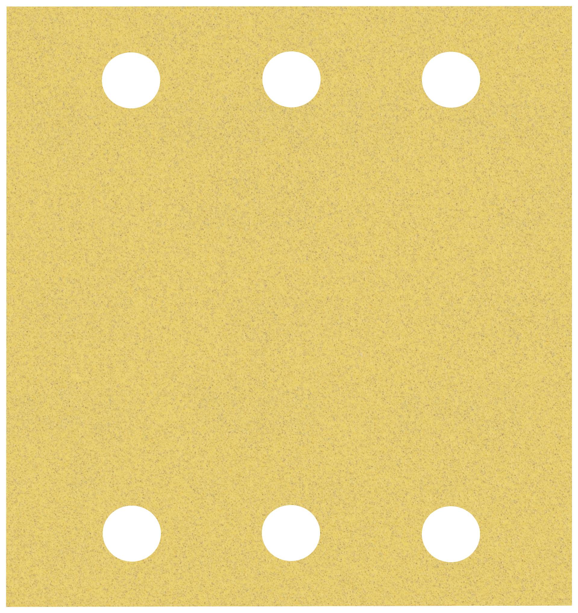 Un papier de verre carré jaune avec six trous ronds régulièrement répartis sur deux rangées.