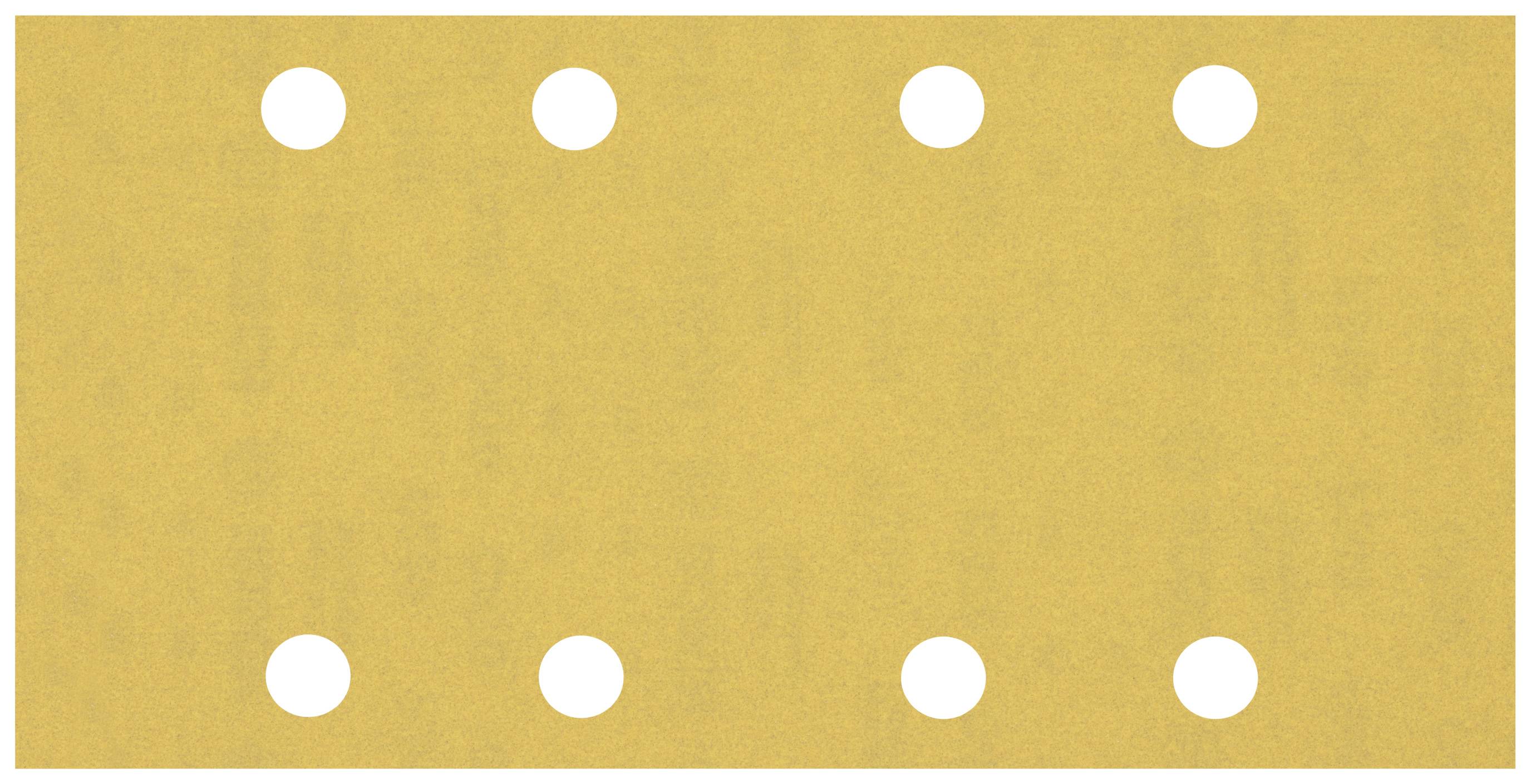 Un papier de verre rectangulaire jaune avec six trous blancs régulièrement répartis.