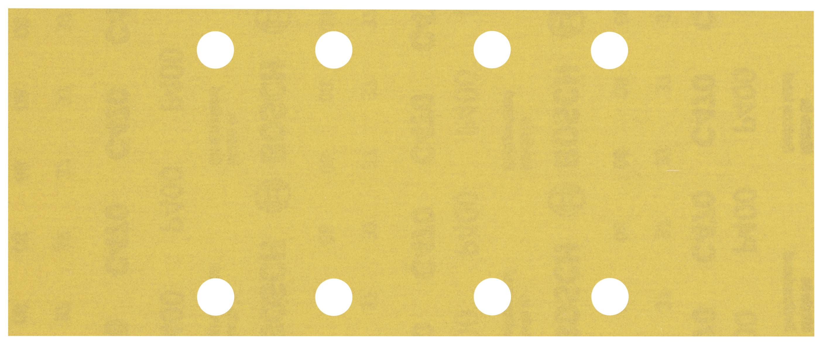 Six trous répartis uniformément sur un morceau de papier de verre rectangulaire jaune.