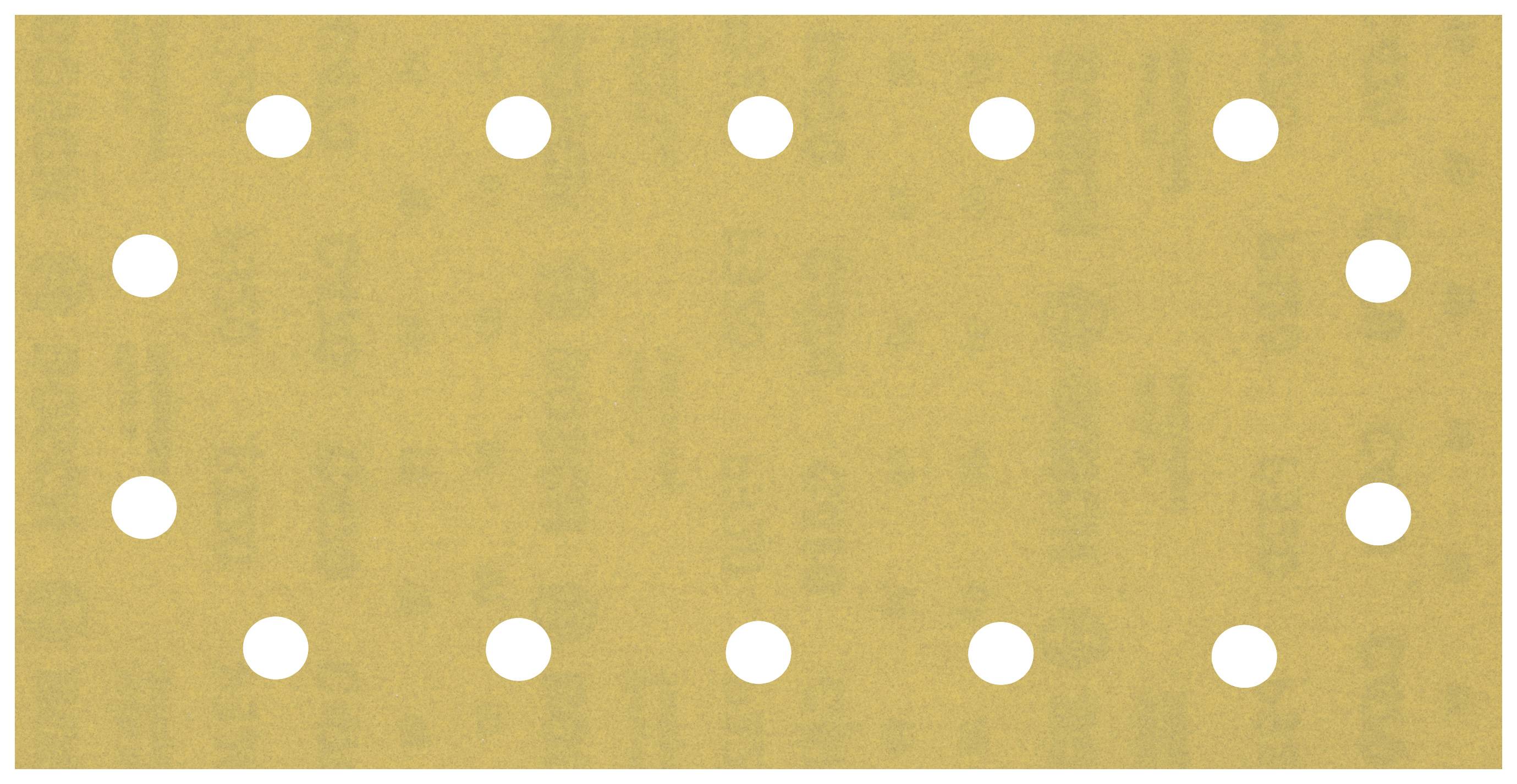 Un papier de verre rectangulaire jaune avec 14 trous uniformément répartis, disposés en deux rangées.