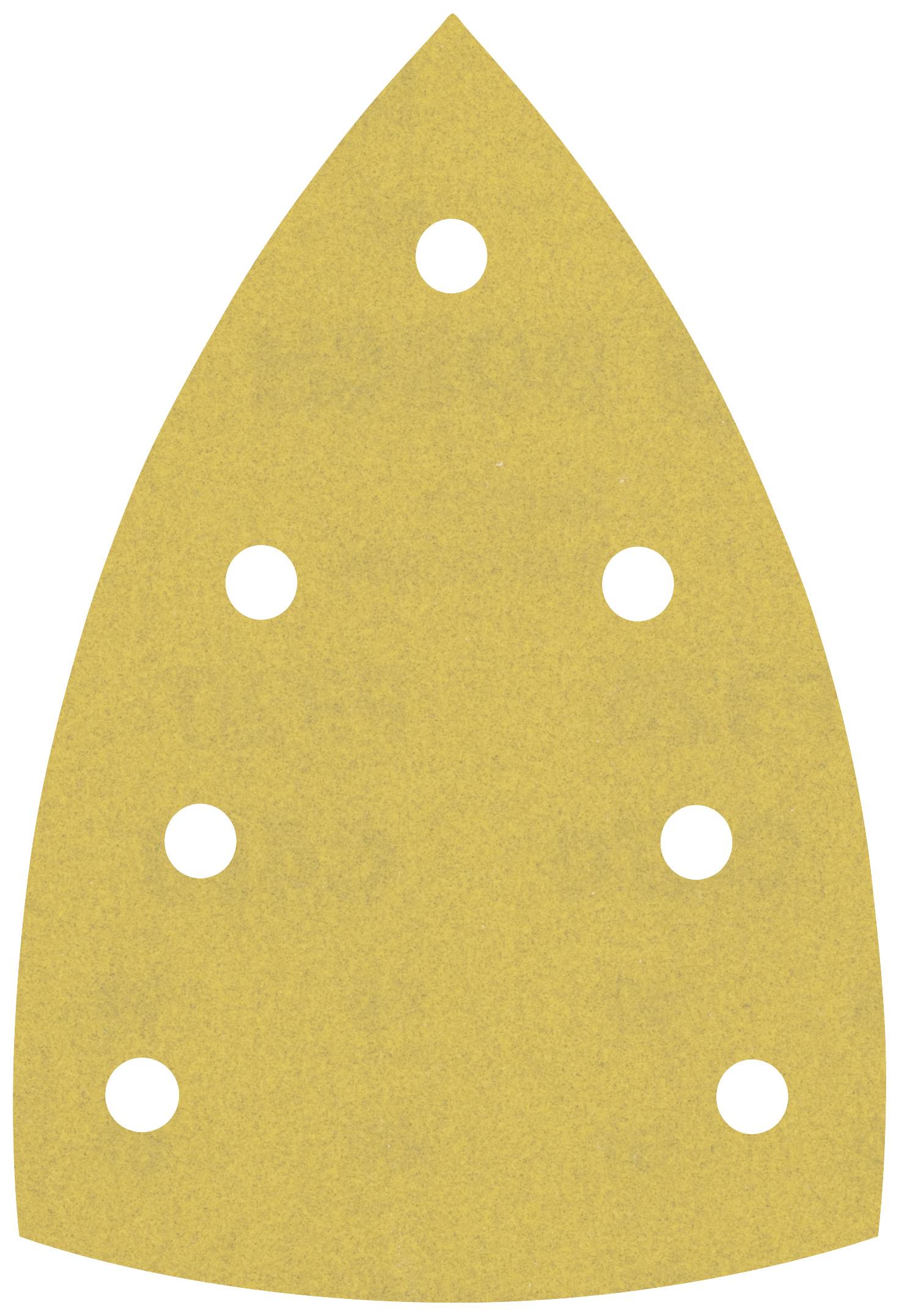 Papier de verre jaune en forme de fer à repasser, avec six trous répartis uniformément ; adapté pour les ponceuses.