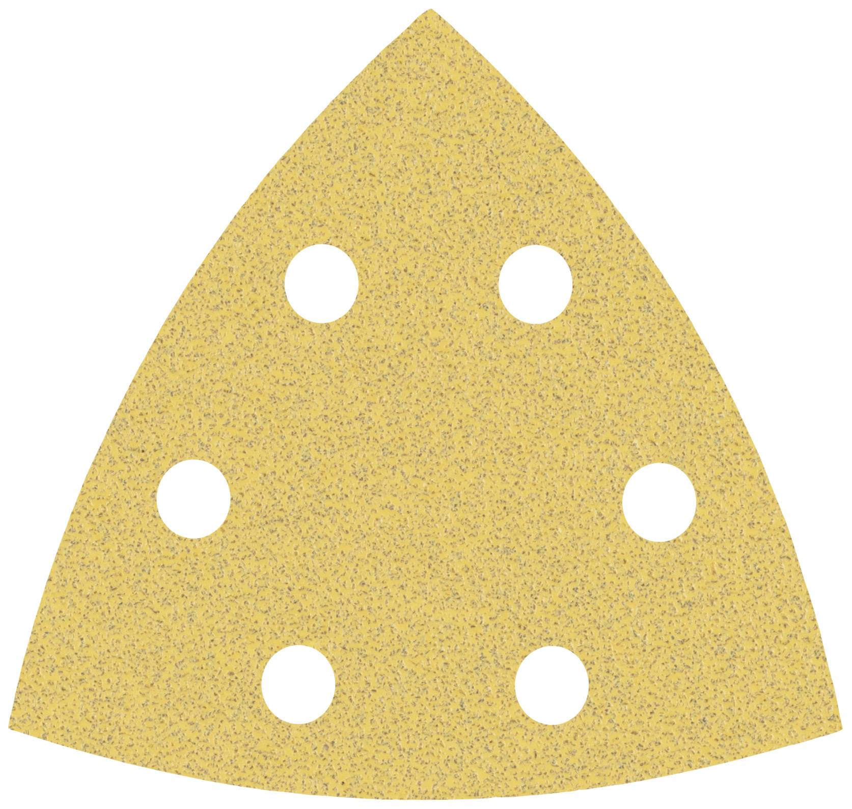 Papier abrasif triangulaire avec cinq trous répartis uniformément, adapté pour ponceuse multifonction.