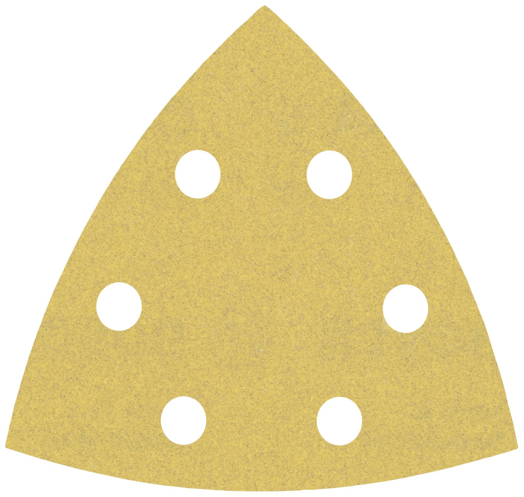 Papier de verre de forme triangulaire avec six trous ronds, de couleur jaune, utilisé pour poncer les surfaces.