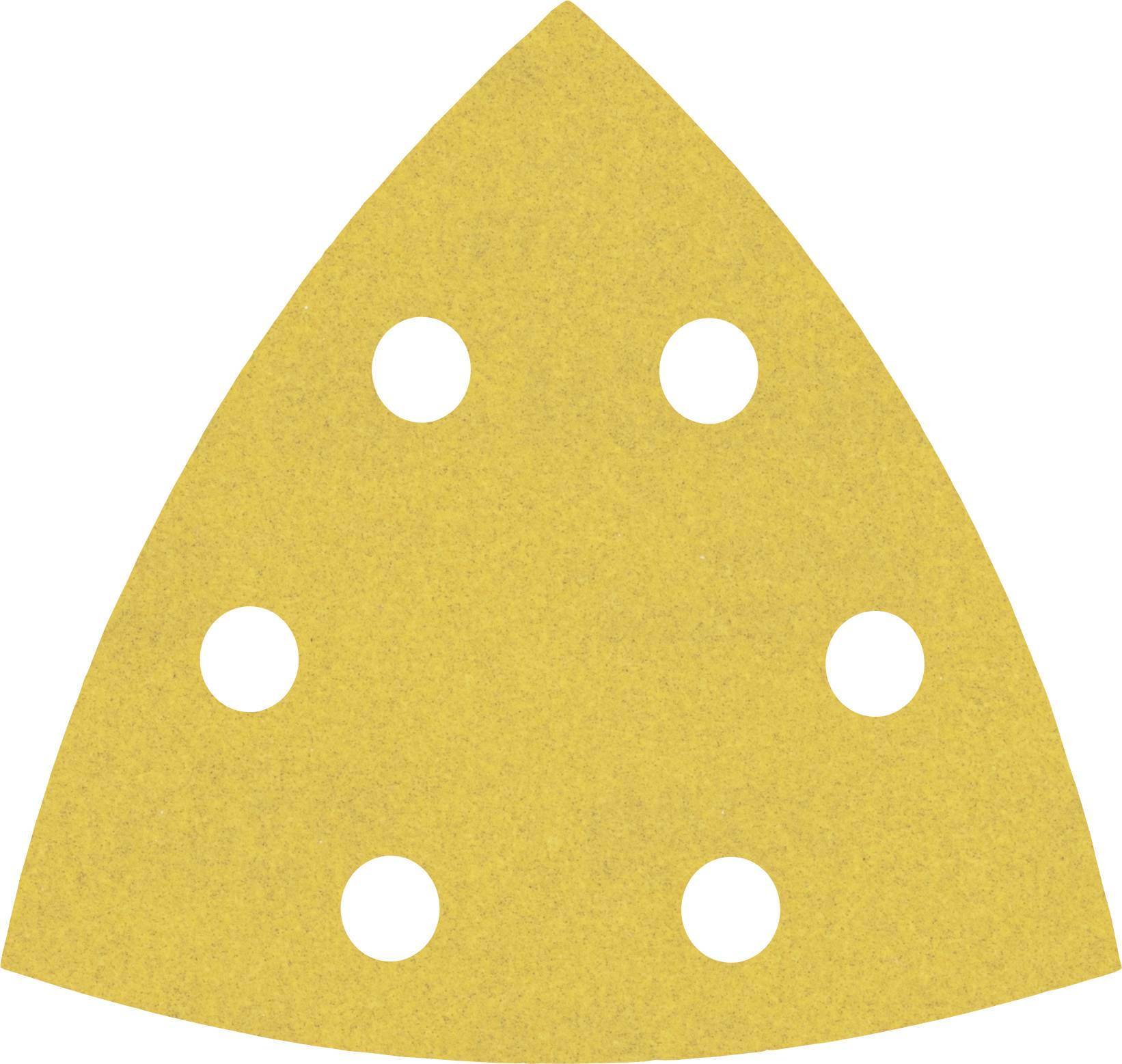 Un papier de verre triangulaire de couleur jaune, percé de six trous ronds, utilisé pour les machines à poncer les surfaces.