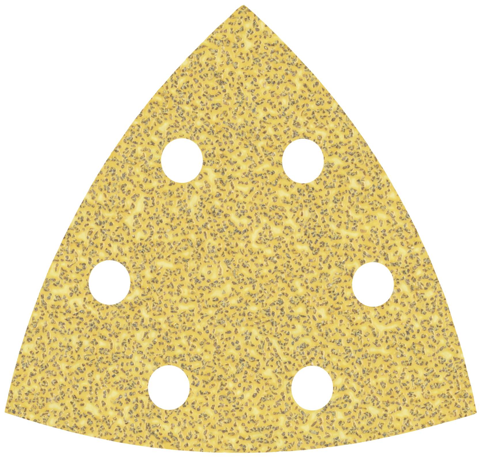 Papier de verre triangulaire avec six trous ronds, motif de grain jaune. Adapté aux ponceuses, pour le traitement de surface.