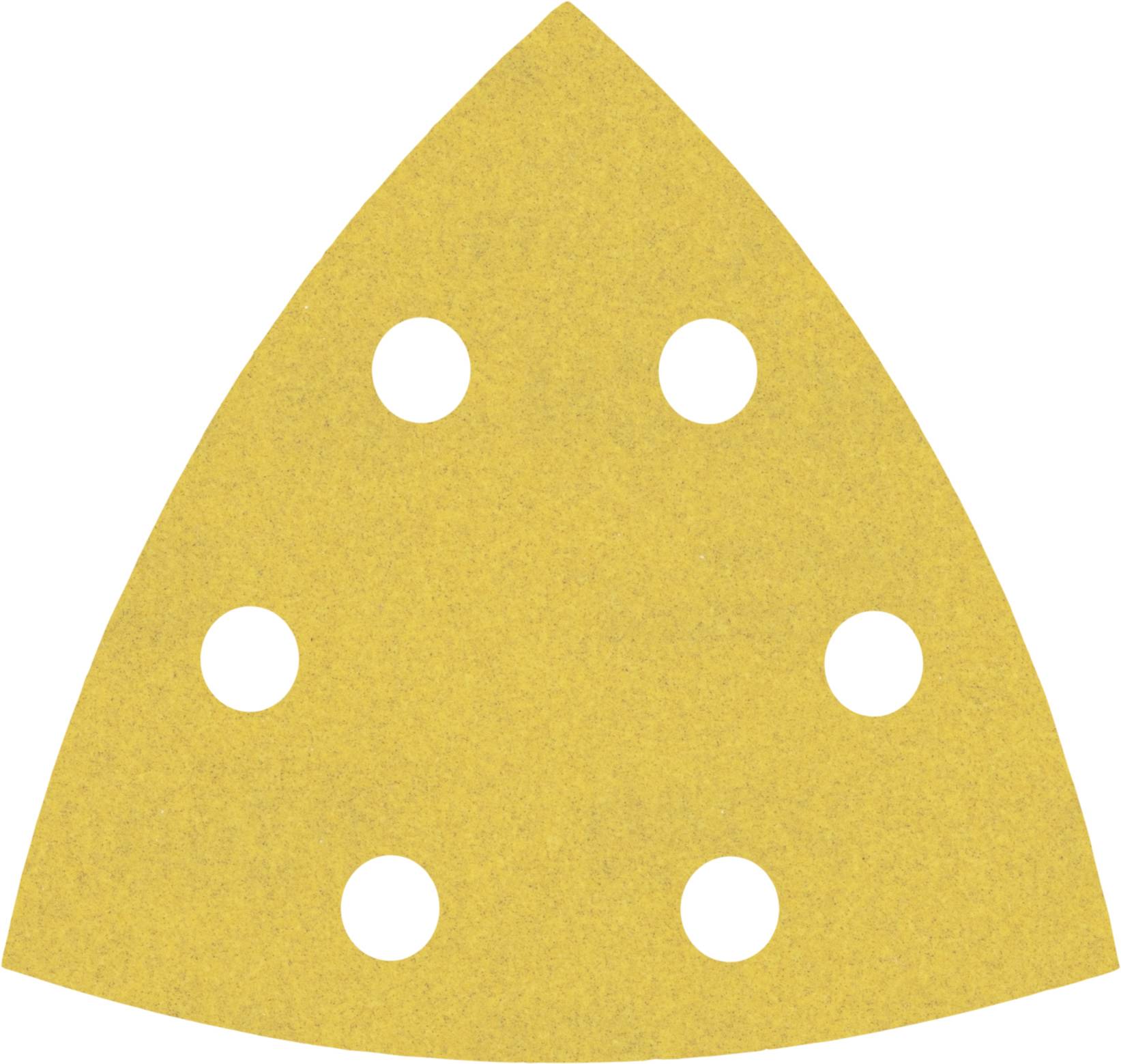 Papier de verre triangulaire avec six trous, probablement destiné à un ponceur multifonction.