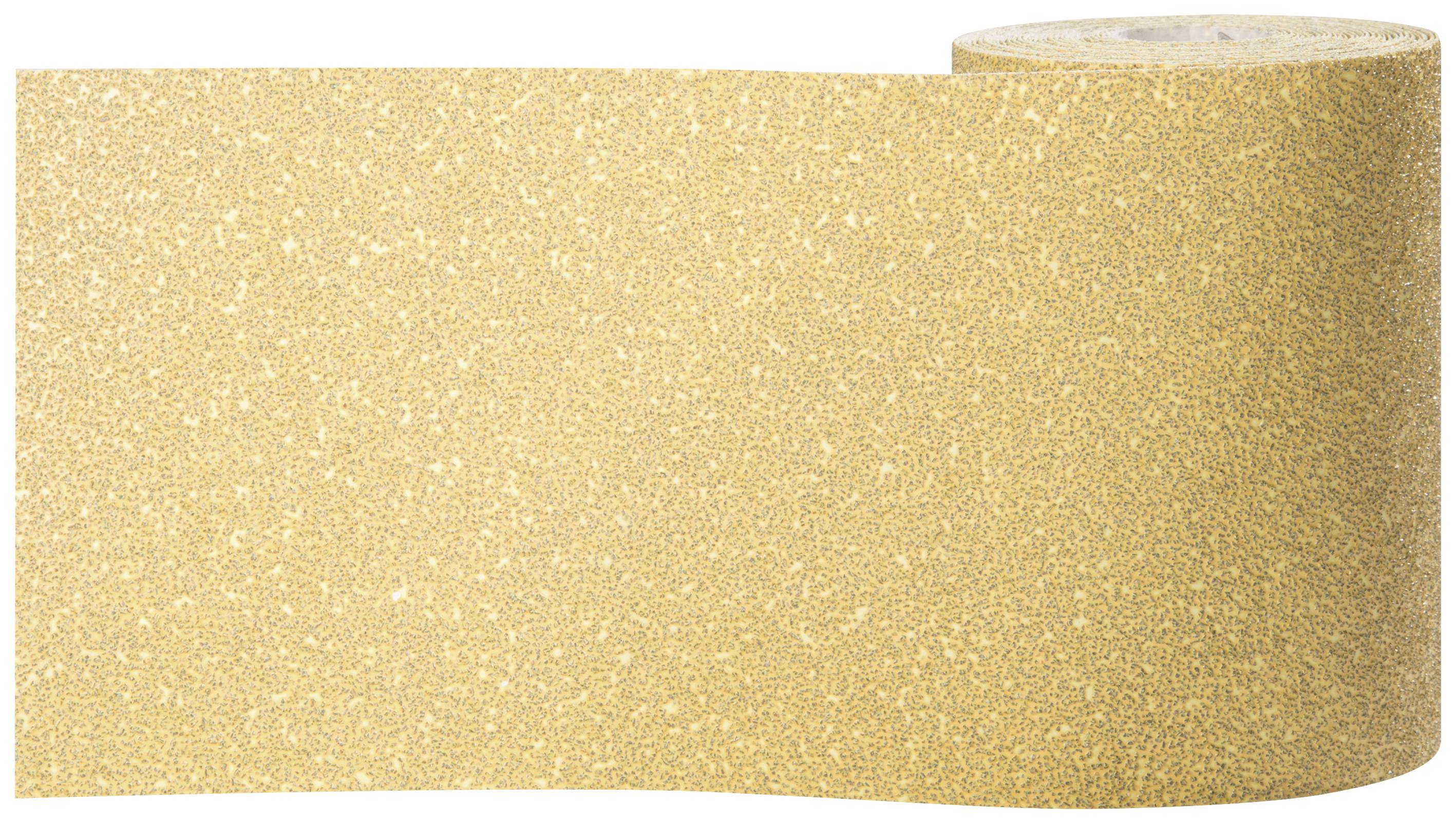 Rouleau de papier abrasif de couleur beige, lisse et prêt à l'emploi. Idéal pour poncer les surfaces en bois.