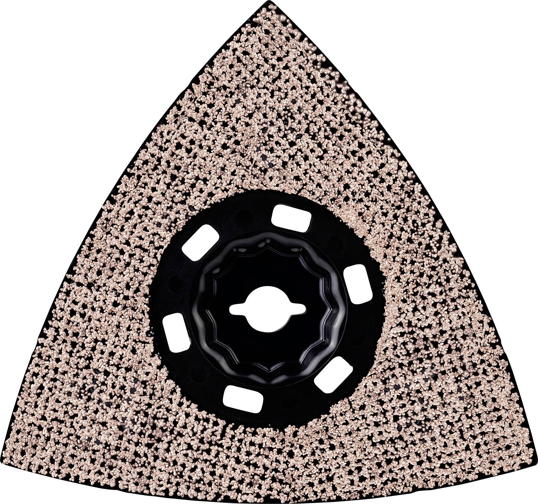 Lame de scie triangulaire à surface rugueuse pour outils polyvalents, utilisée pour poncer ou couper des matériaux.