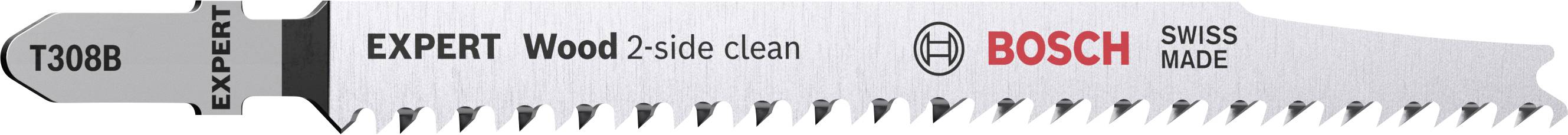 Lame de scie sauteuse portant l'inscription 'T308B Expert Wood 2-side clean', marque 'Bosch', fabriquée en Suisse.
