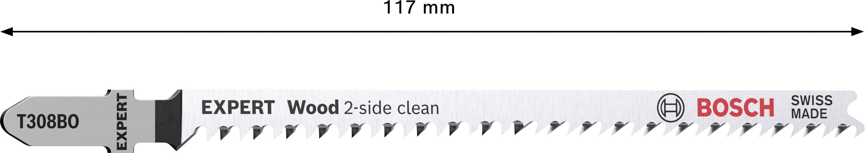 Lame de scie T 308 B, longueur 117 mm, adaptée pour des coupes nettes dans le bois. Marquages : 'EXPERT Wood 2-side clean', 'BOSCH', 'SWISS MADE'.