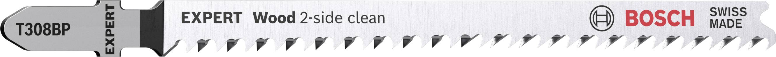 Lame de scie sauteuse portant l'inscription 'EXPERT Wood 2-side clean', de la marque 'Bosch', adaptée aux travaux sur bois.