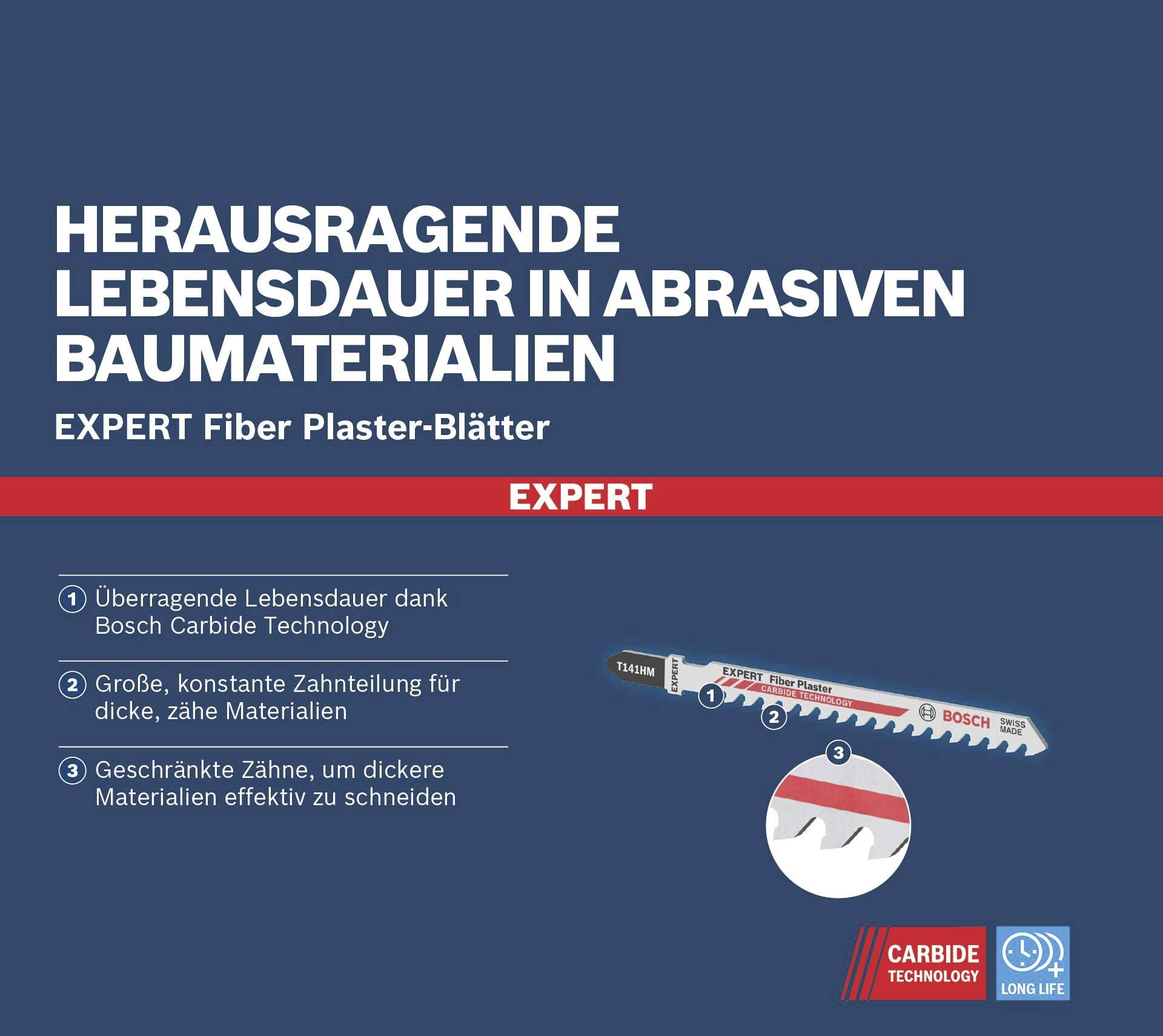 Affiche pour les feuilles de plâtre à fibres Bosch Expert. Point fort : 'Durée de vie exceptionnelle dans les matériaux de construction abrasifs'. Avantages : Longévité, denture fine, dents décalées.
