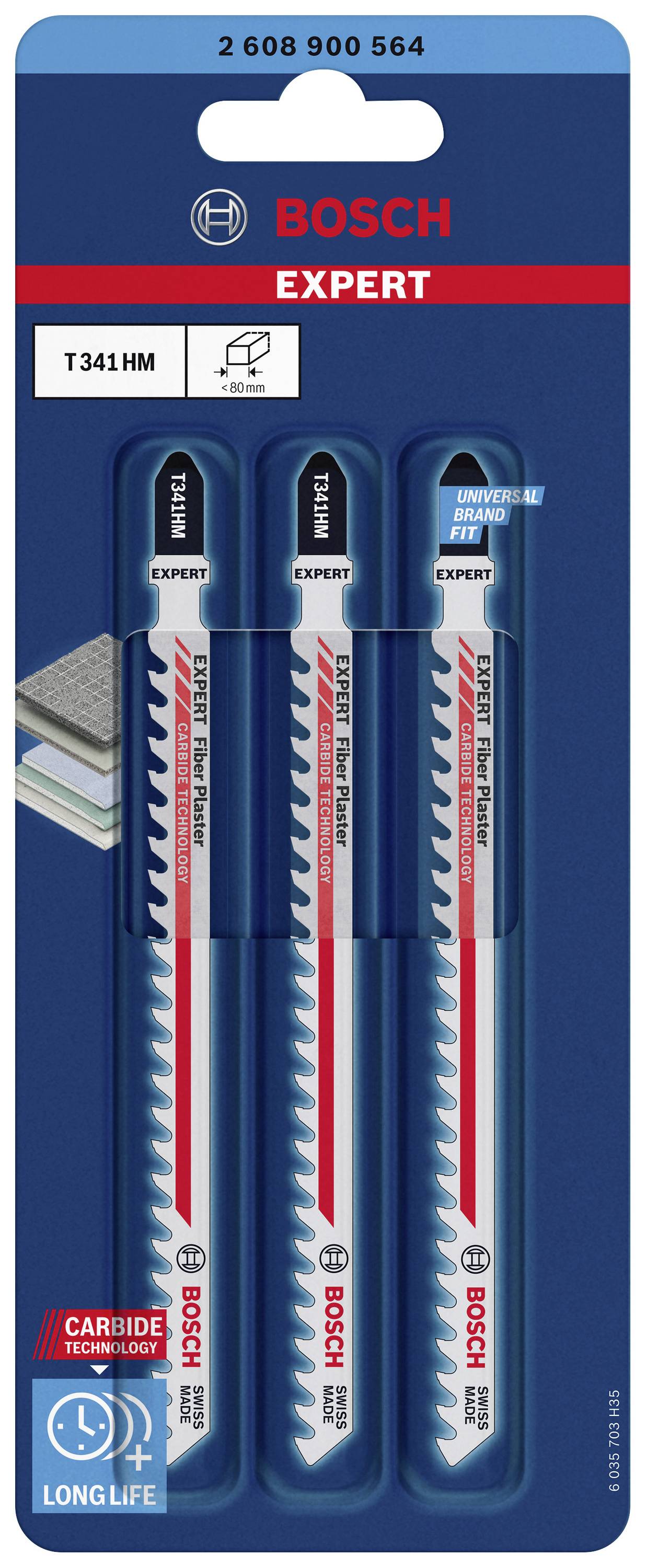 Trois lames de scie sauteuse Bosch Expert T341HM pour carrelage, technologie carbure pour une durée de vie prolongée, en blister.