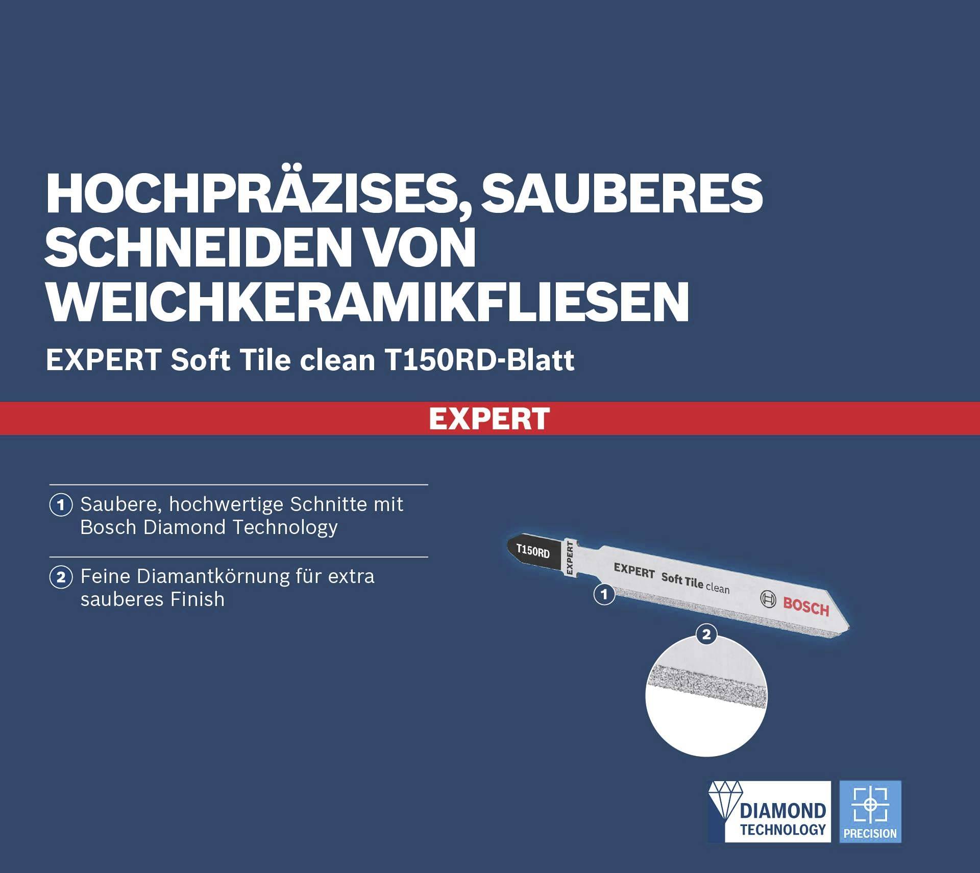'EXPERT Soft Tile clean T150RD-Lame' avec granulation de diamant fine pour une coupe précise des carreaux de céramique tendre. Design Bosch.