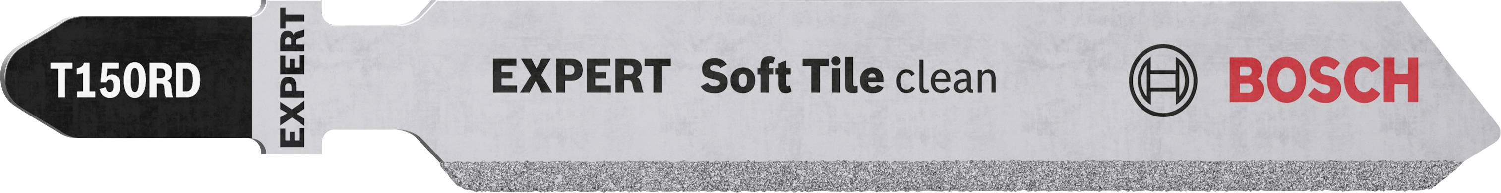 Lame de scie pour carrelage portant l'inscription 'EXPERT SoftTile clean', marque Bosch, numéro de modèle T150RD.