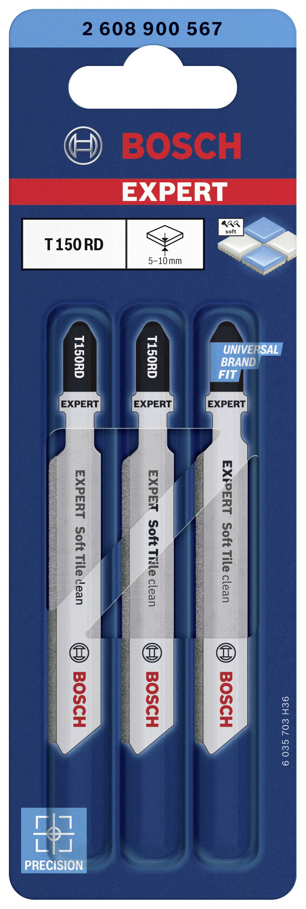 Trois lames de scie sauteuse Bosch Expert T150 RD en pack blister bleu. Adaptées aux matériaux tendres de 5 à 30 mm.