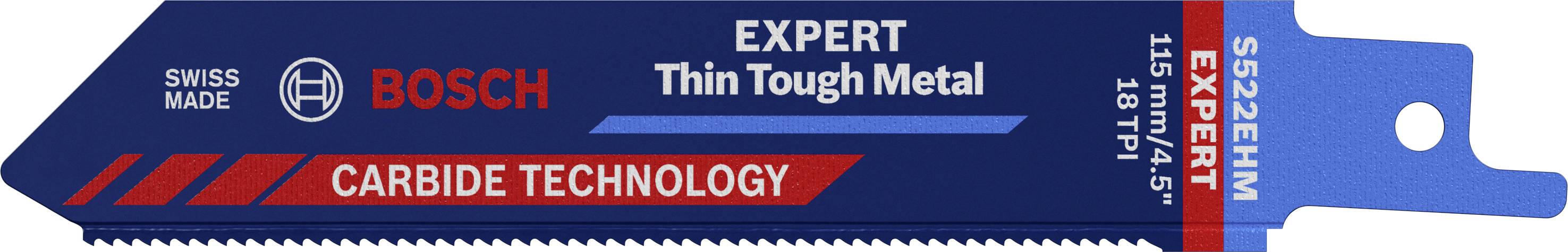 Lame de scie Bosch pour métaux fins, 115 mm de long, 18 dents par pouce, marquage bleu 'Carbide Technology' et 'Expert'.