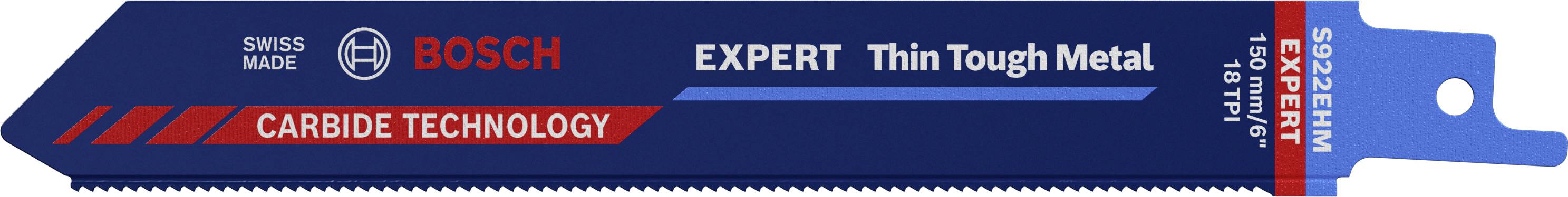 Lame de scie sabre Bosch, Swiss Made, Expert Thin Tough Metal, Technologie au carbure, Taille 150 mm x 18 mm, Épaisseur 0,5 mm.
