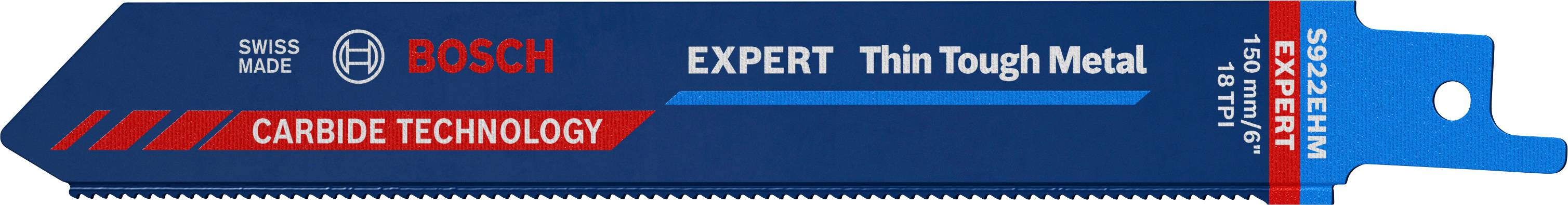 Lame de scie à métaux Bosch portant l'inscription 'EXPERT Thin Tough Metal', 'Technologie Carbure'. Fabriqué en Suisse, design bleu.
