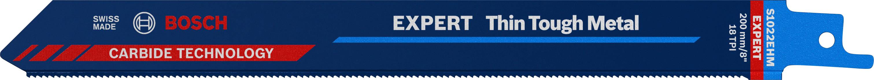 Lame de scie Bosch portant l'inscription 'EXPERT Thin Tough Metal' et 'Carbide Technology', adaptée pour les métaux fins.