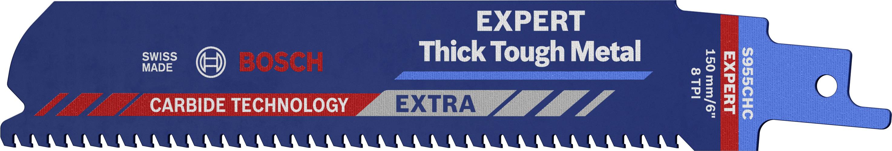 Lame de scie sabre Bosch, modèle 'EXPERT Thick Tough Metal', spécialement conçue pour les travaux sur métaux, avec un design adapté pour une durabilité optimale.