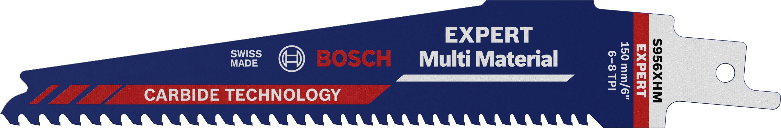 Lame de scie sabre avec l'inscription 'Bosch Expert Multi Matériaux', adaptée à divers matériaux grâce à la technologie carbure.