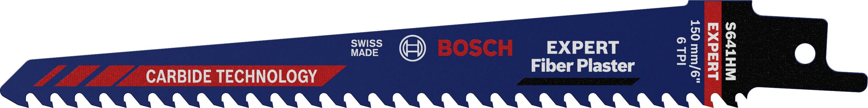 Une lame de scie Bosch portant l'inscription 'Carbide Technology' et 'Expert Fiber Plaster', adaptée pour le plâtre fibreux.